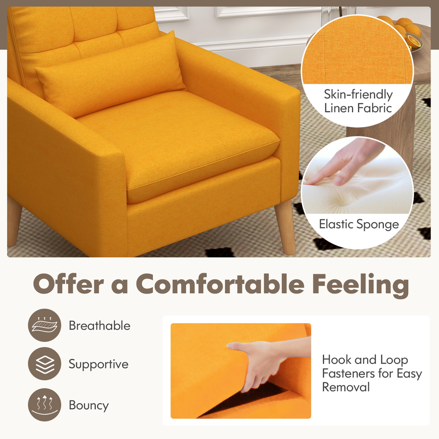 Gymax 2 PCS Mid-century Modern Accent Chair Linen Fabric Reading Armchair w/ Lumbar Pillow