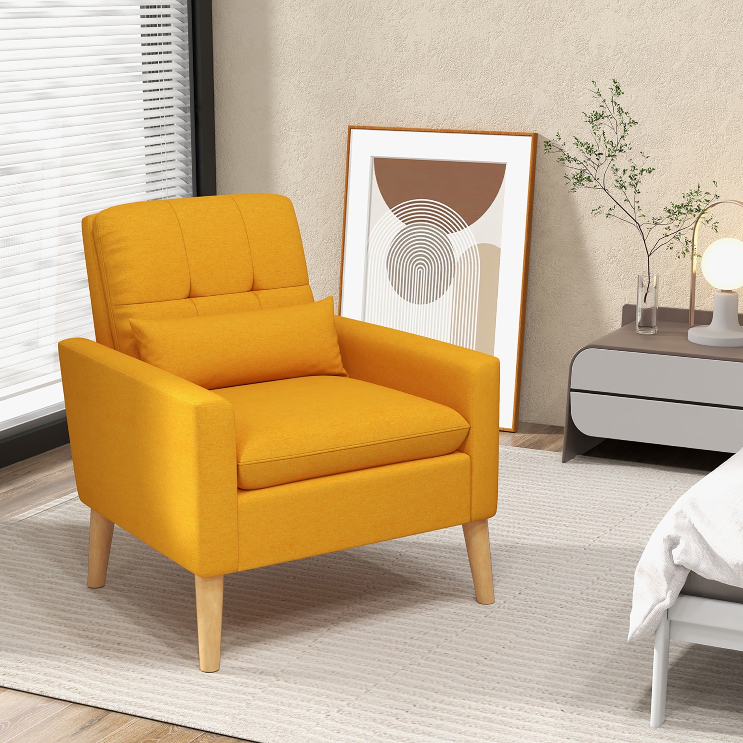 Gymax Mid-century Modern Accent Chair Linen Fabric Reading Armchair w/ Lumbar Pillow
