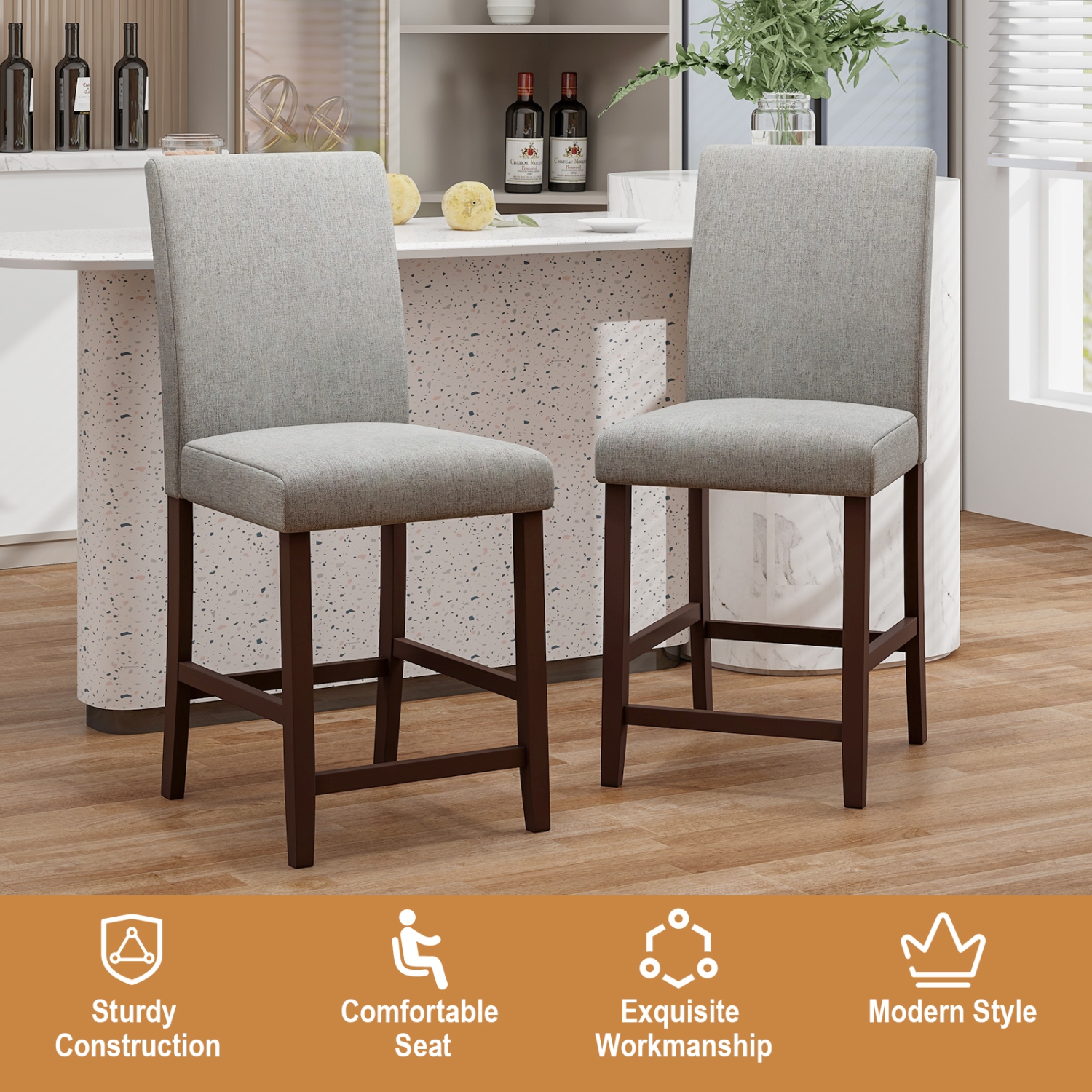 Gymax Set of 2 Bar Stools 24'' Counter Height Pub Kitchen Chairs w/ Rubber Wood Legs
