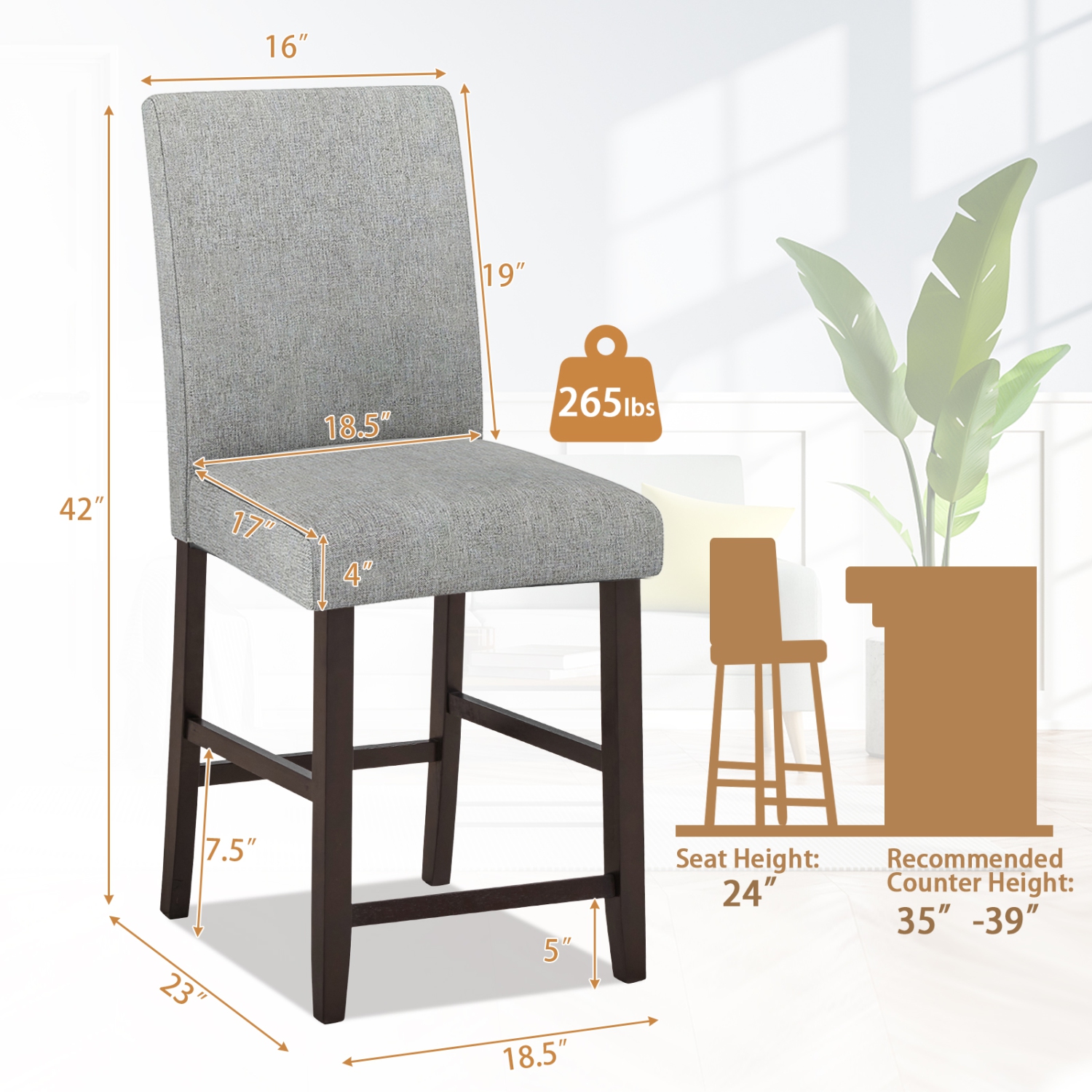 Gymax Set of 2 Bar Stools 24'' Counter Height Pub Kitchen Chairs w/ Rubber Wood Legs