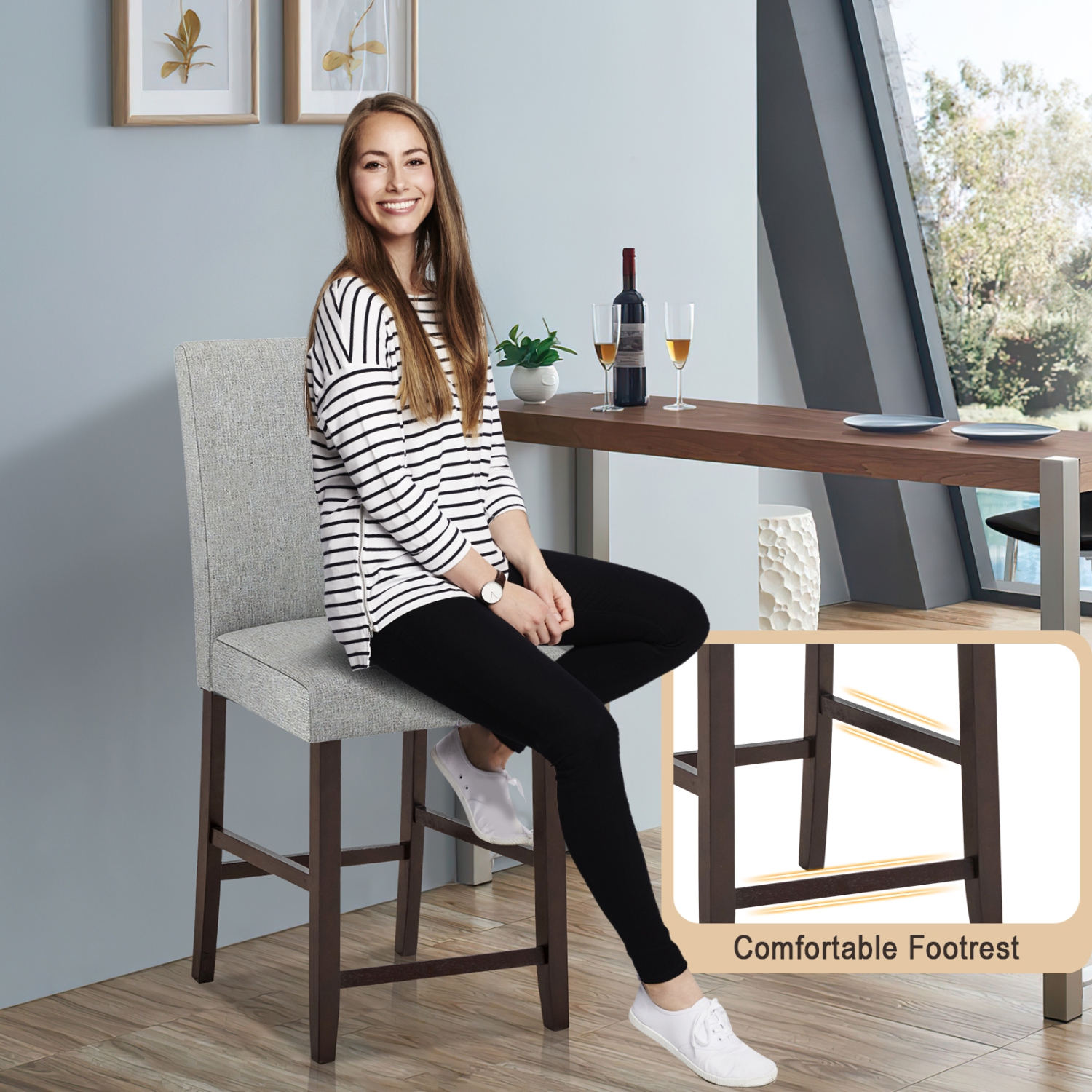 Gymax Set of 2 Bar Stools 24'' Counter Height Pub Kitchen Chairs w/ Rubber Wood Legs