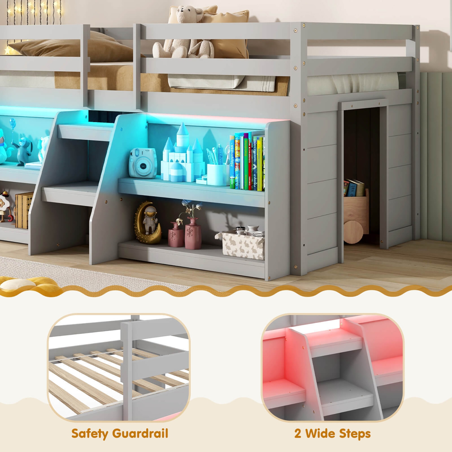 Gymax Twin Size Loft Bed w/ LED Lights Staircase & Safety Guardrail Under-bed Storage