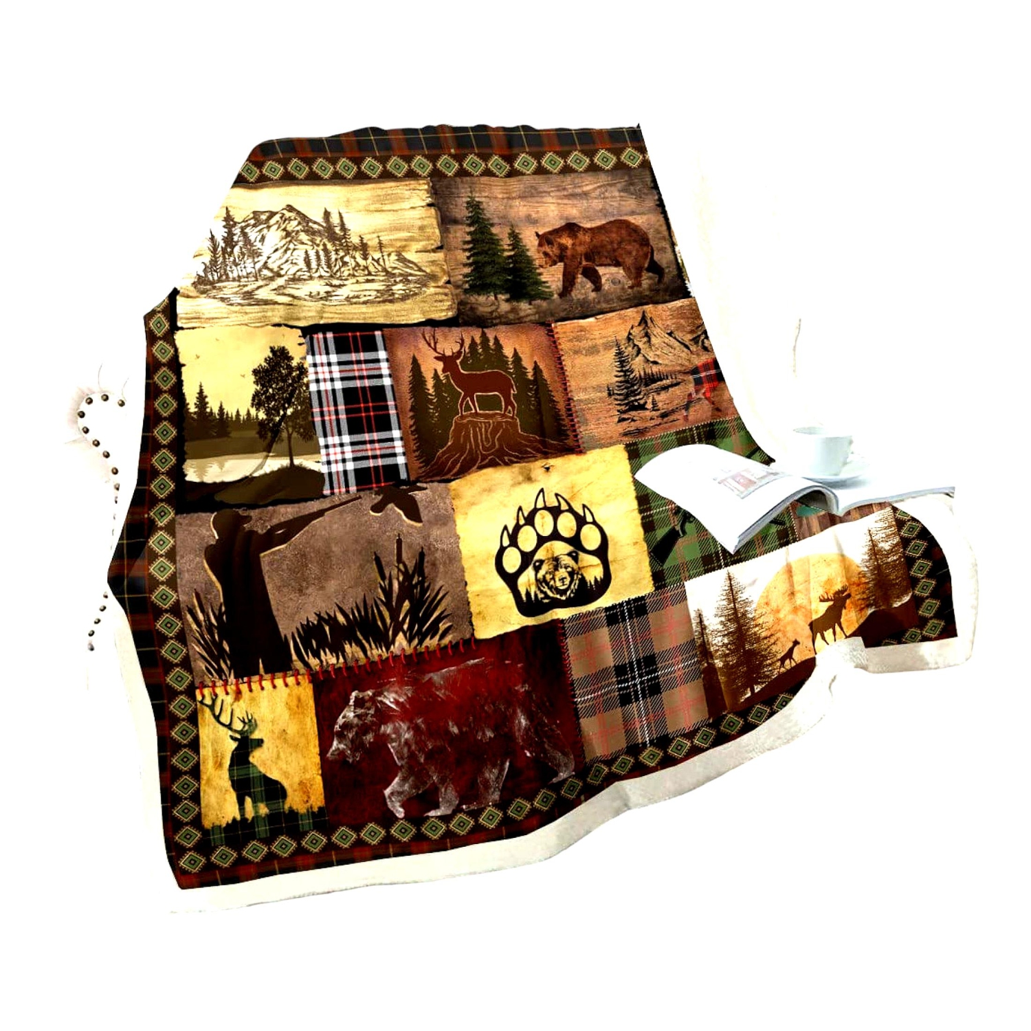 Woodland Wildlife Sherpa Fleece Blanket - Rustic Cabin Lodge Patchwork Design, Buffalo Plaid, Deer, Moose, Bear, Duck, Retro Farmhouse Style, Twin 60"x80"