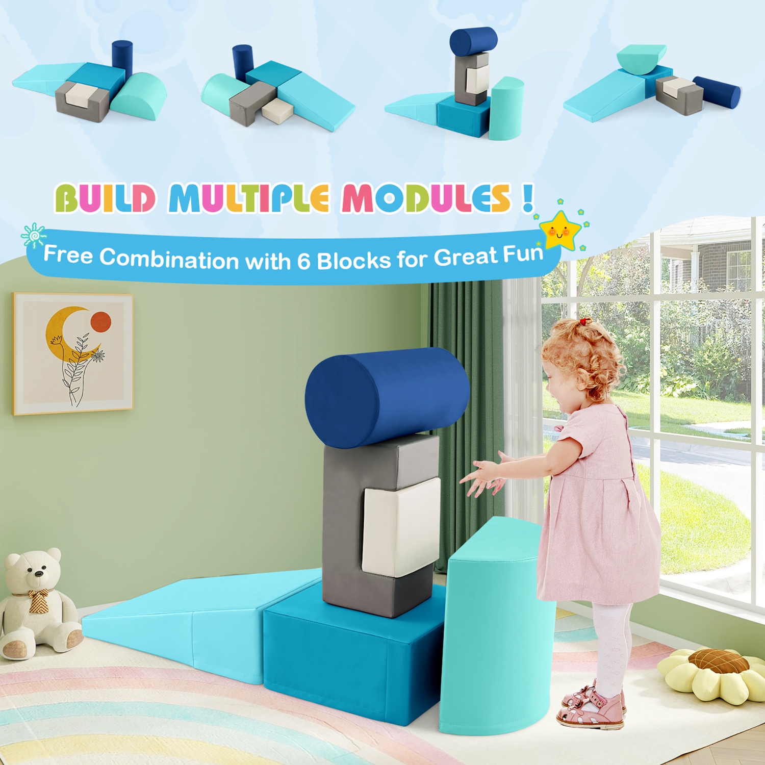 Gymax 6 PCS Kids Climber Play Set Indoor Foam Climb and Crawl Activity Blocks w/ Cover