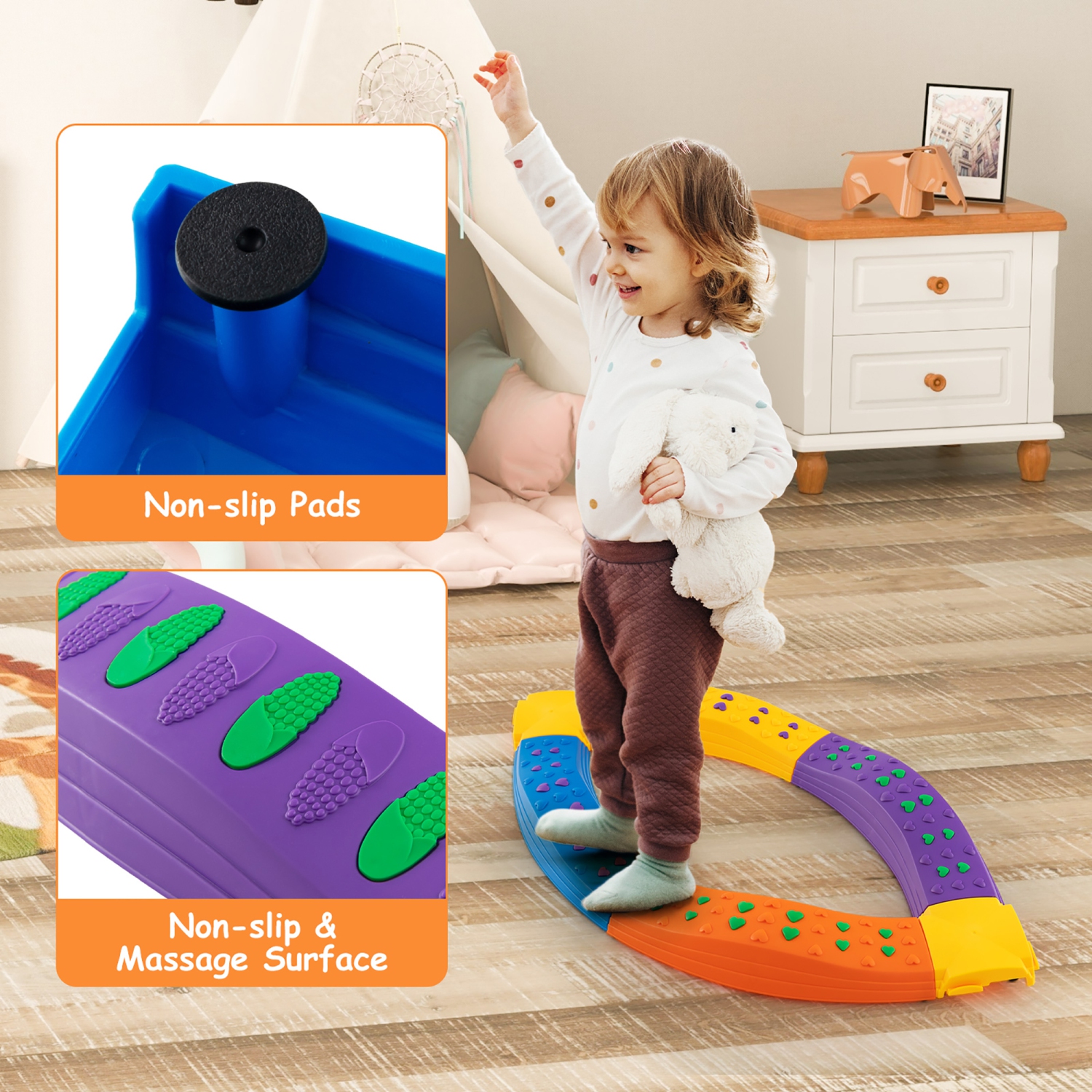 Gymax Colored Balance Beams for Kids w/ Non-slip Textured Surface Bottom Pad