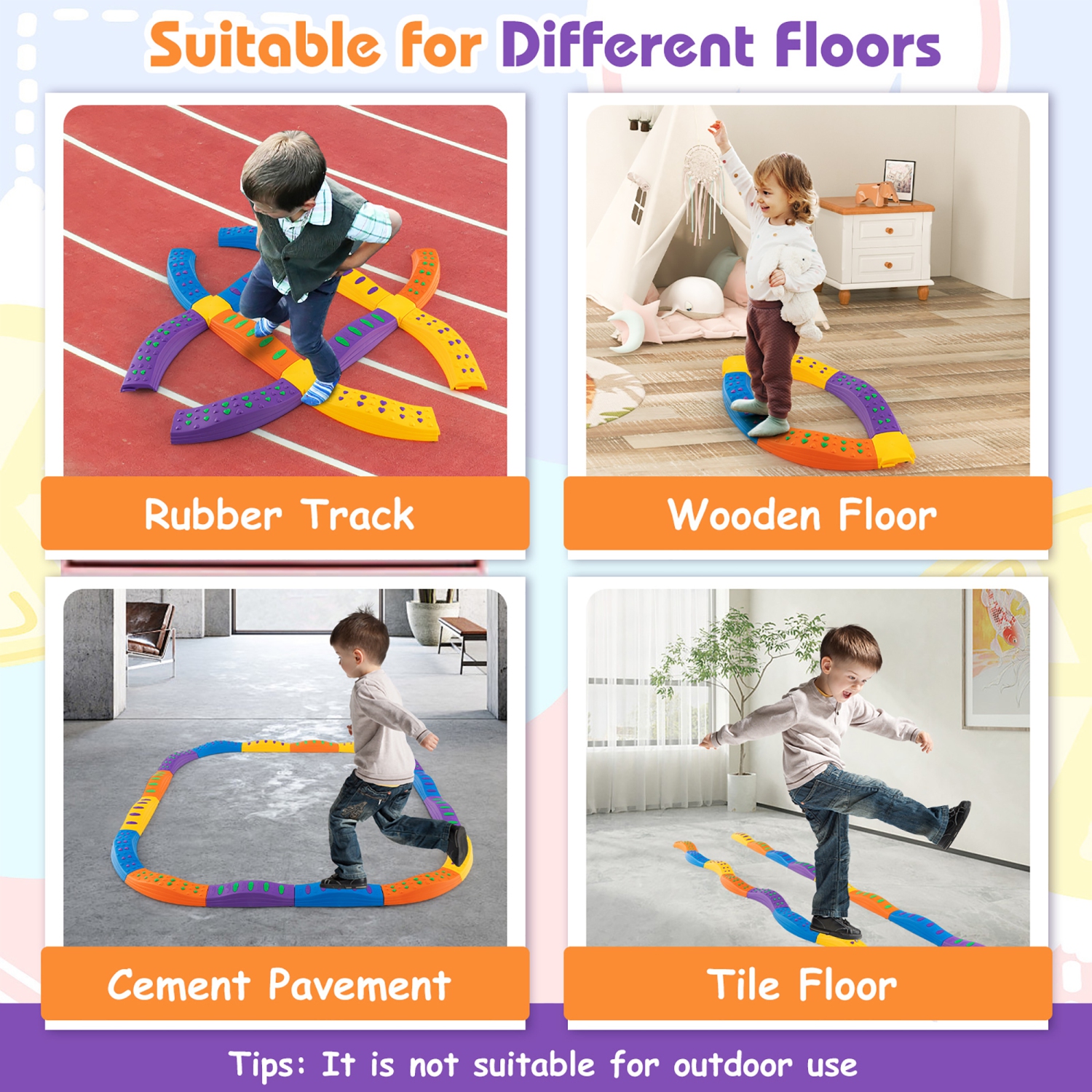 Gymax Colored Balance Beams for Kids w/ Non-slip Textured Surface Bottom Pad