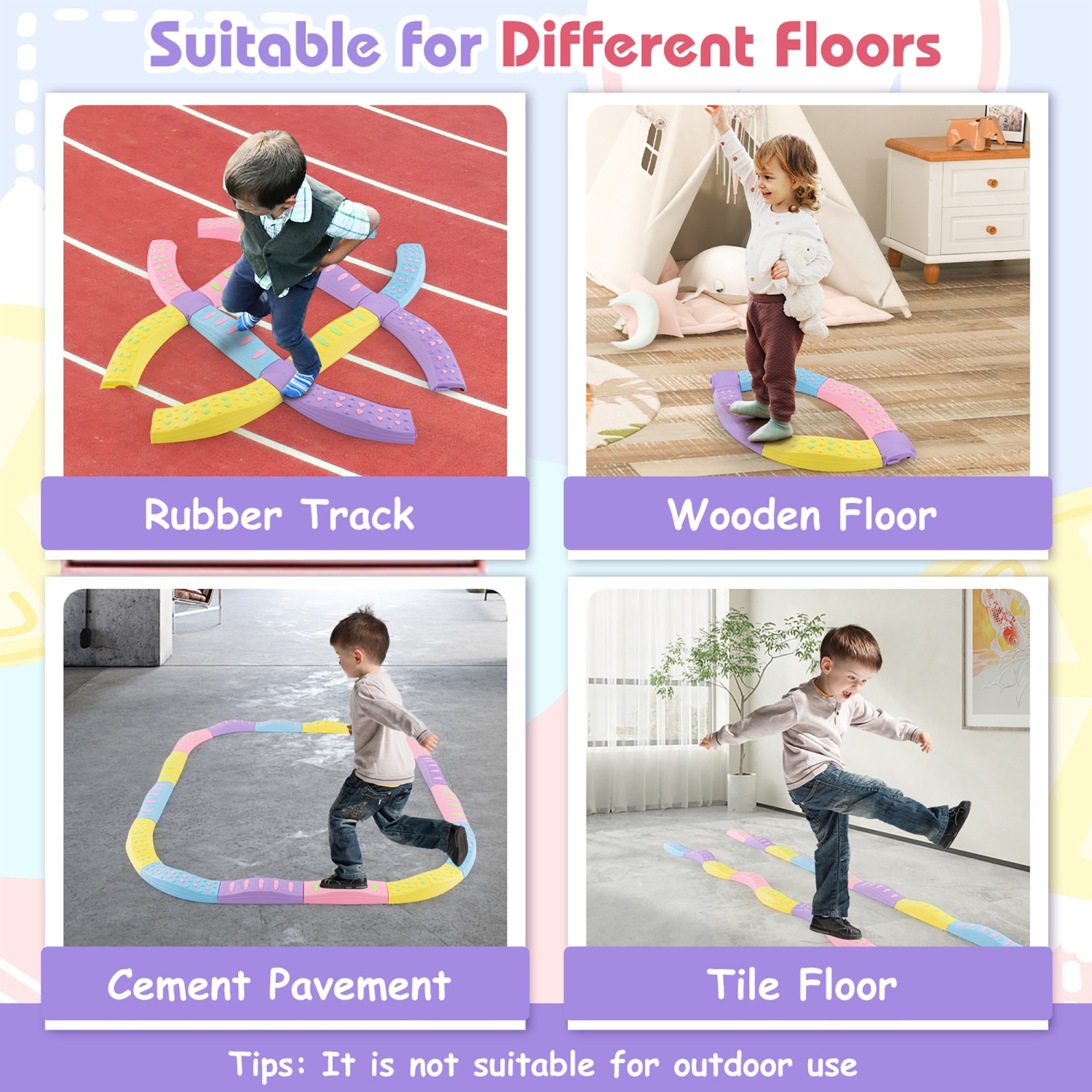 Gymax Balance Beams for Kids w/ Non-slip Textured Surface Bottom Pad Multicolor