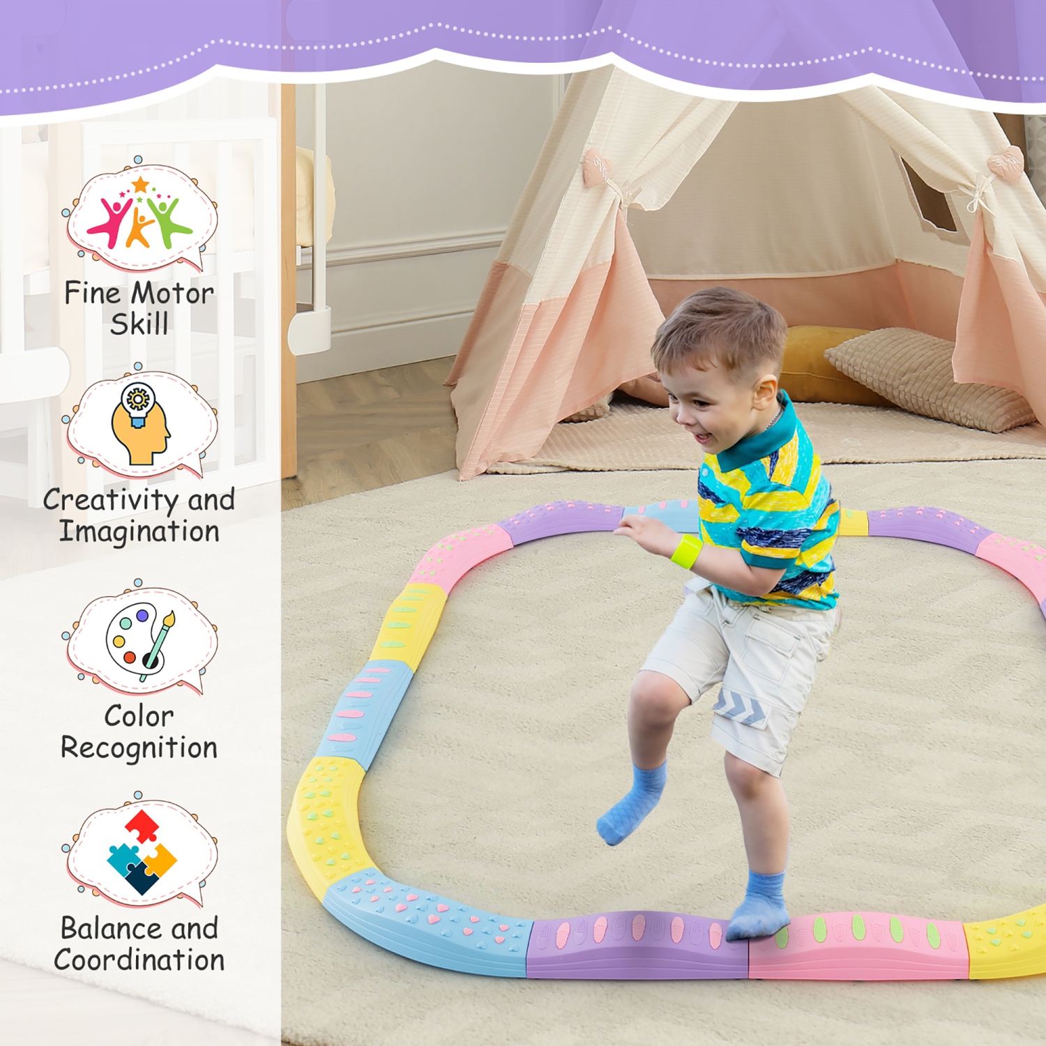 Gymax Balance Beams for Kids w/ Non-slip Textured Surface Bottom Pad Multicolor