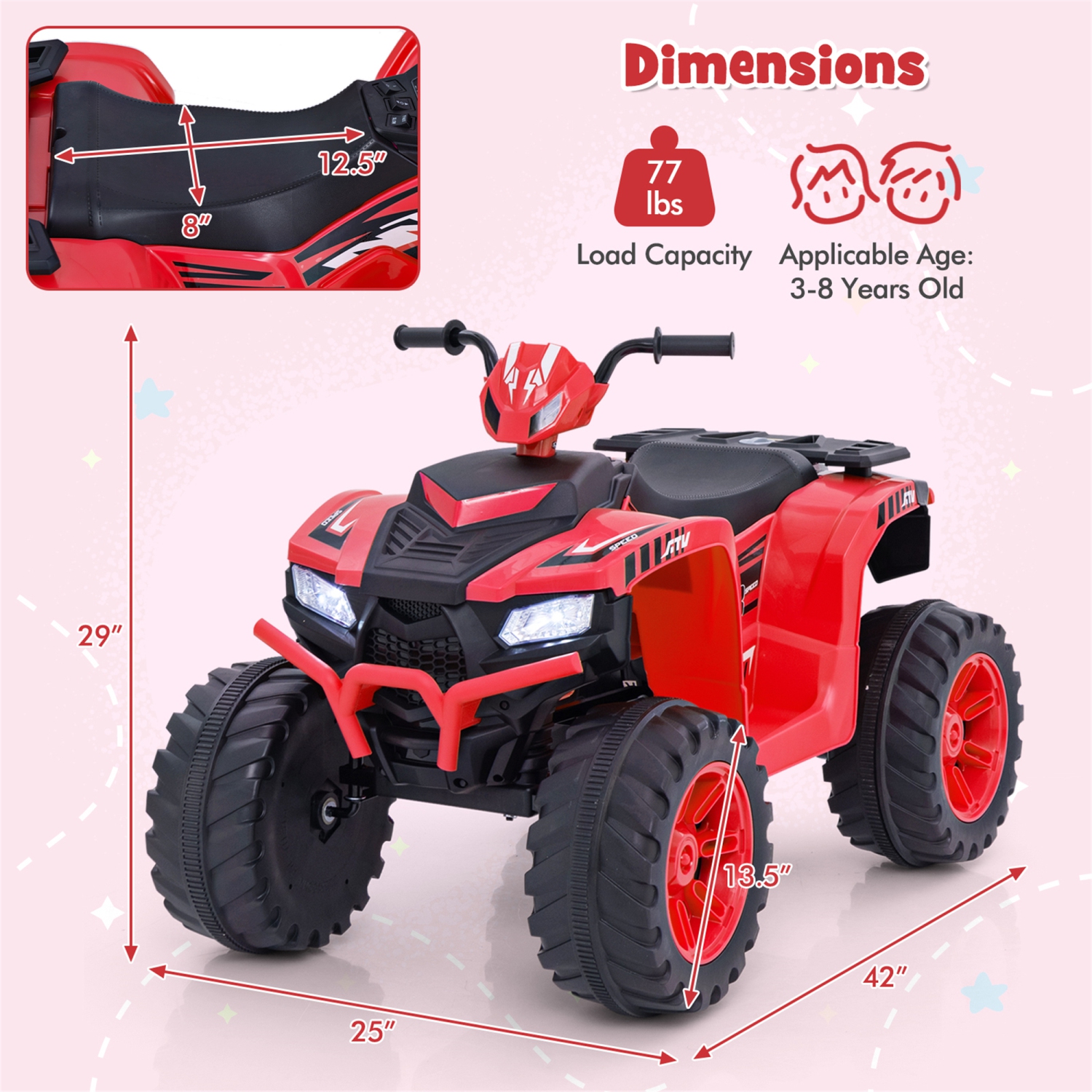Gymax Kids Ride-On ATV 24V Battery Powered Electric Vehicle w/ Wireless Connection Music Radio LED Lights Red
