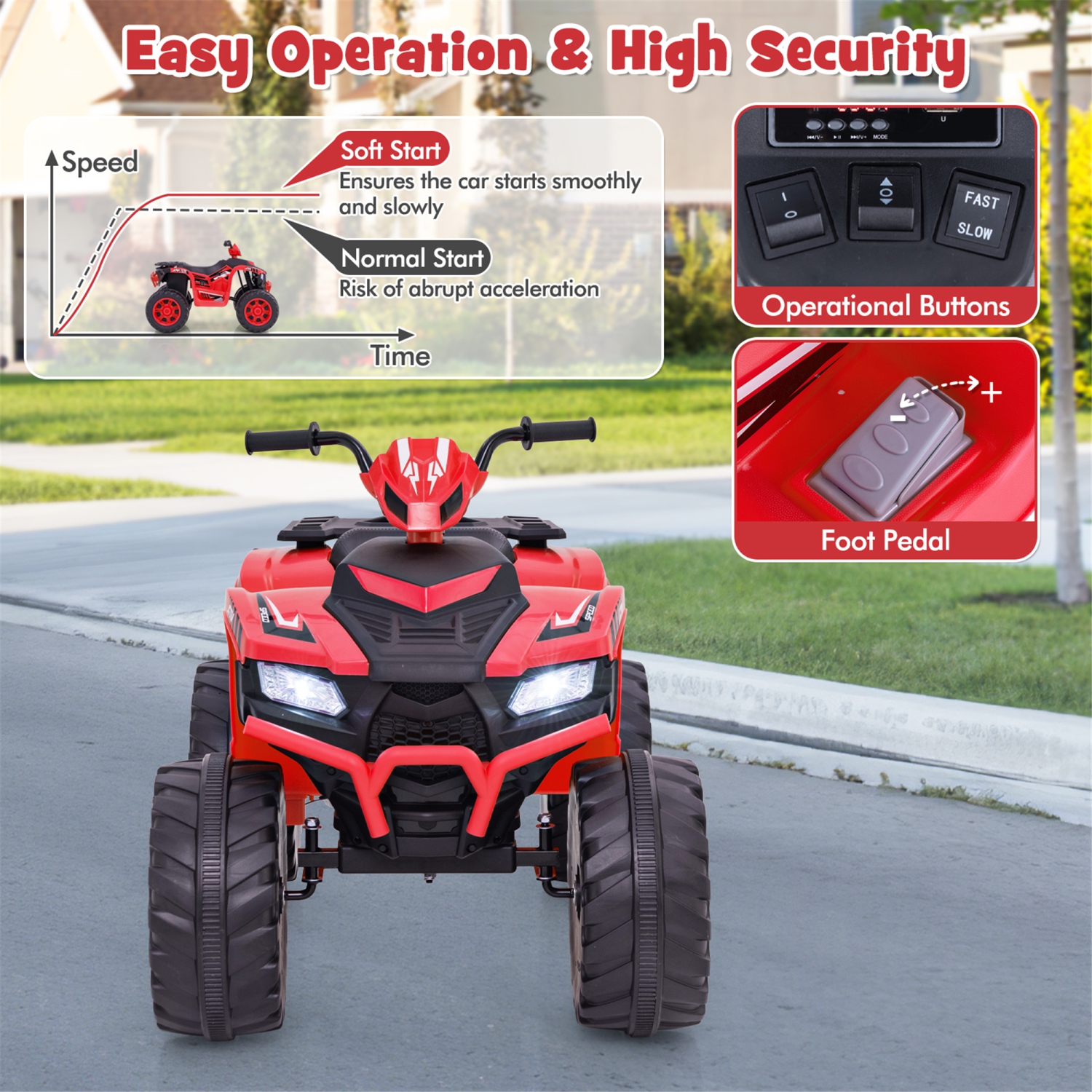 Gymax Kids Ride-On ATV 24V Battery Powered Electric Vehicle w/ Wireless Connection Music Radio LED Lights Red