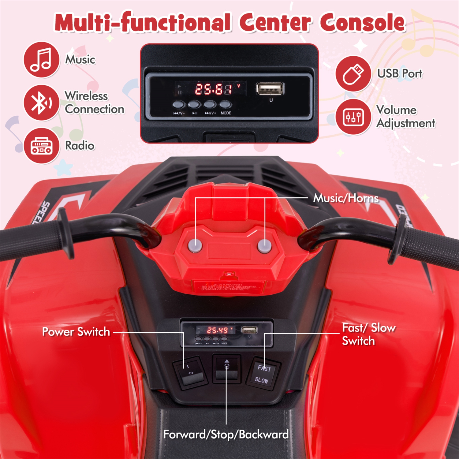 Gymax Kids Ride-On ATV 24V Battery Powered Electric Vehicle w/ Wireless Connection Music Radio LED Lights Red