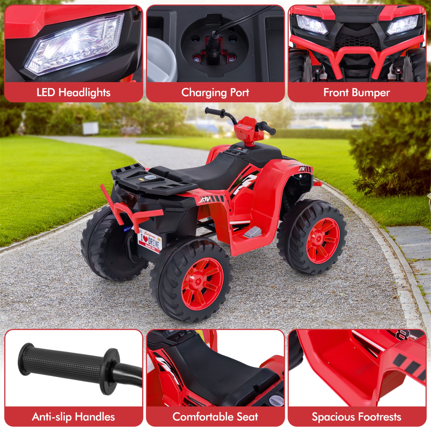 Gymax Kids Ride-On ATV 24V Battery Powered Electric Vehicle w/ Wireless Connection Music Radio LED Lights Red