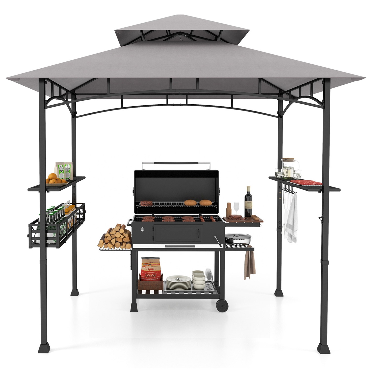 Gymax 8 x 5 FT BBQ Grill Gazebo w/ 2 Side Shelves Storage Basket Hanging Hooks Outdoor