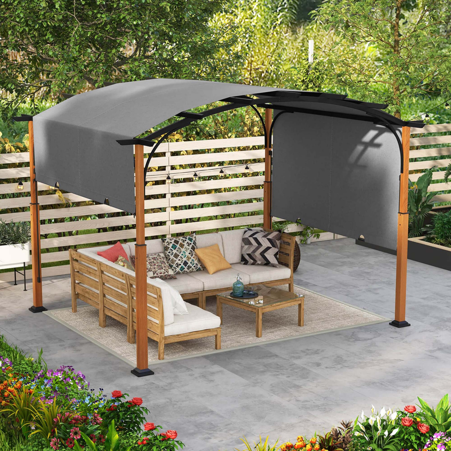 Pergola rétractable d'extérieur de 10 x 12 pi avec poteaux d'aspect bois à auvent rétractable de Costway