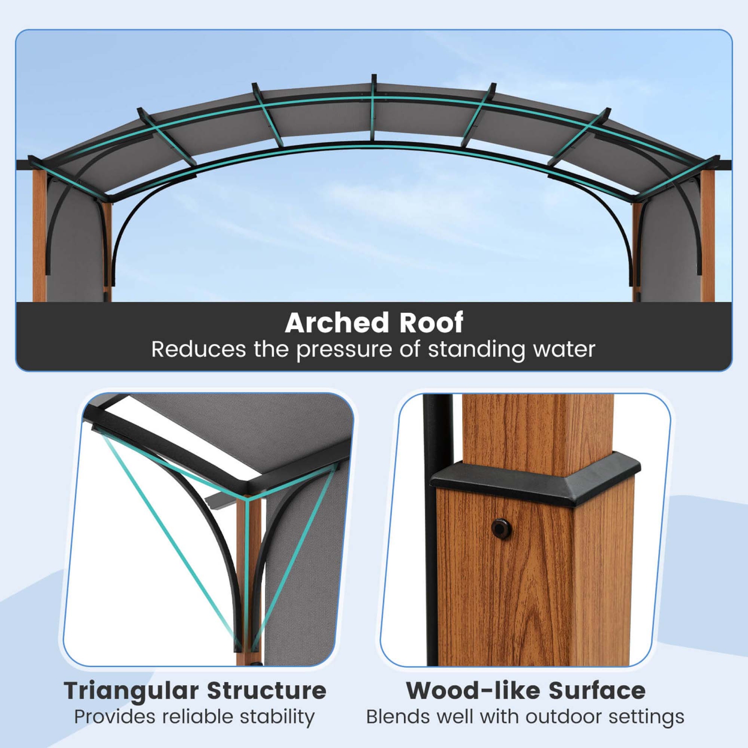 Pergola rétractable d'extérieur de 10 x 12 pi avec poteaux d'aspect bois à auvent rétractable de Costway