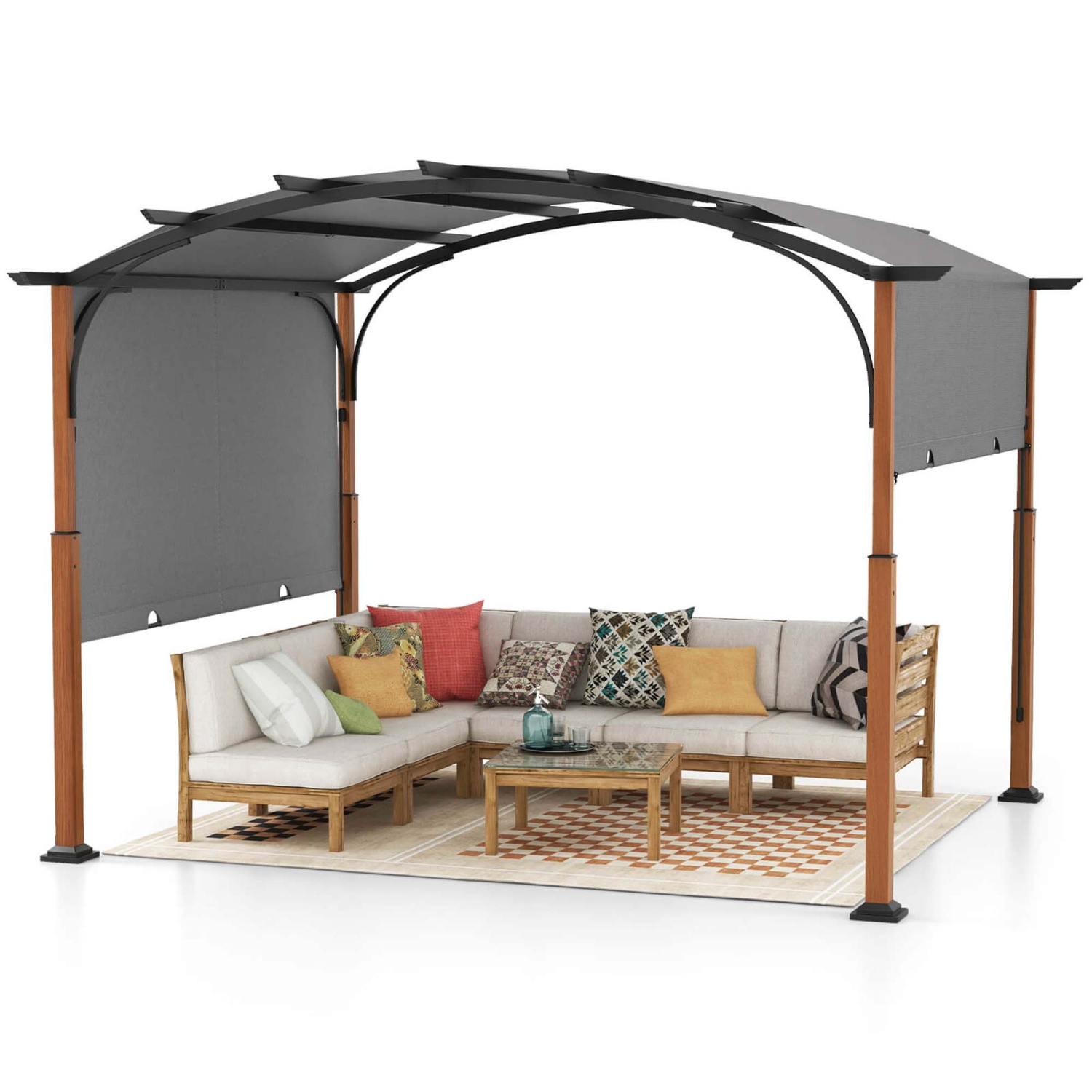 Pergola rétractable d'extérieur de 10 x 12 pi avec poteaux d'aspect bois à auvent rétractable de Costway