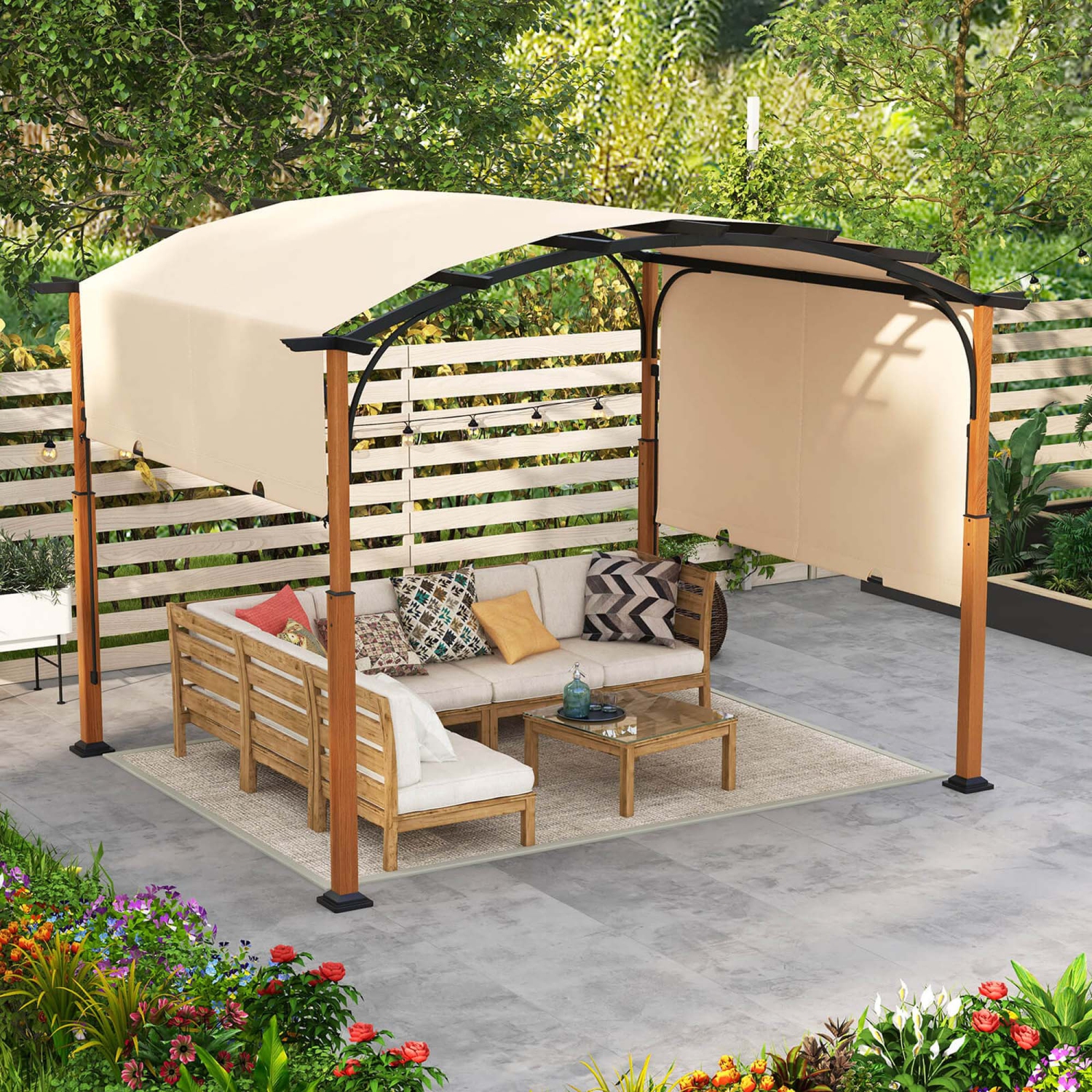 Pergola rétractable d'extérieur de 10 x 12 pi avec poteaux d'aspect bois à auvent rétractable de Costway
