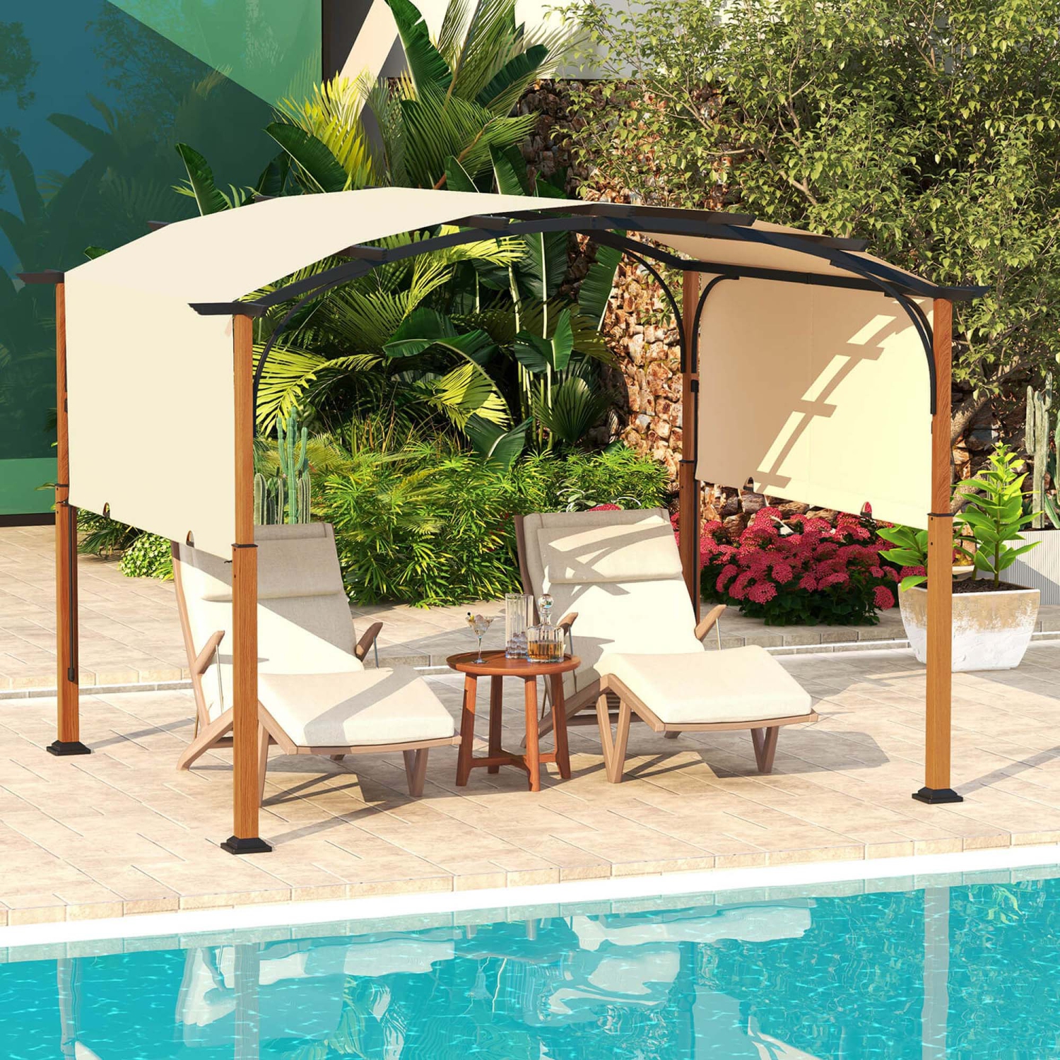 Pergola rétractable d'extérieur de 10 x 12 pi avec poteaux d'aspect bois à auvent rétractable de Costway