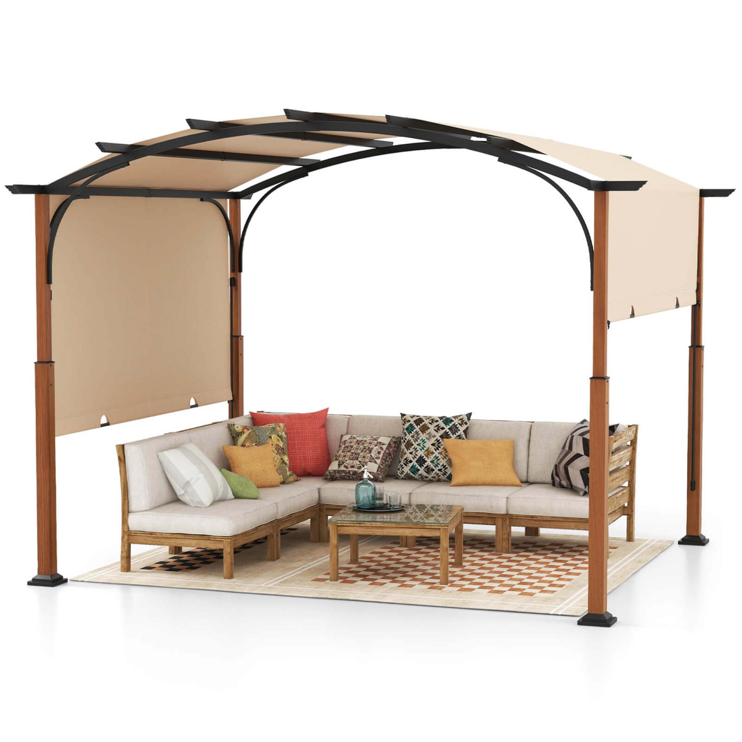 Pergola rétractable d'extérieur de 10 x 12 pi avec poteaux d'aspect bois à auvent rétractable de Costway