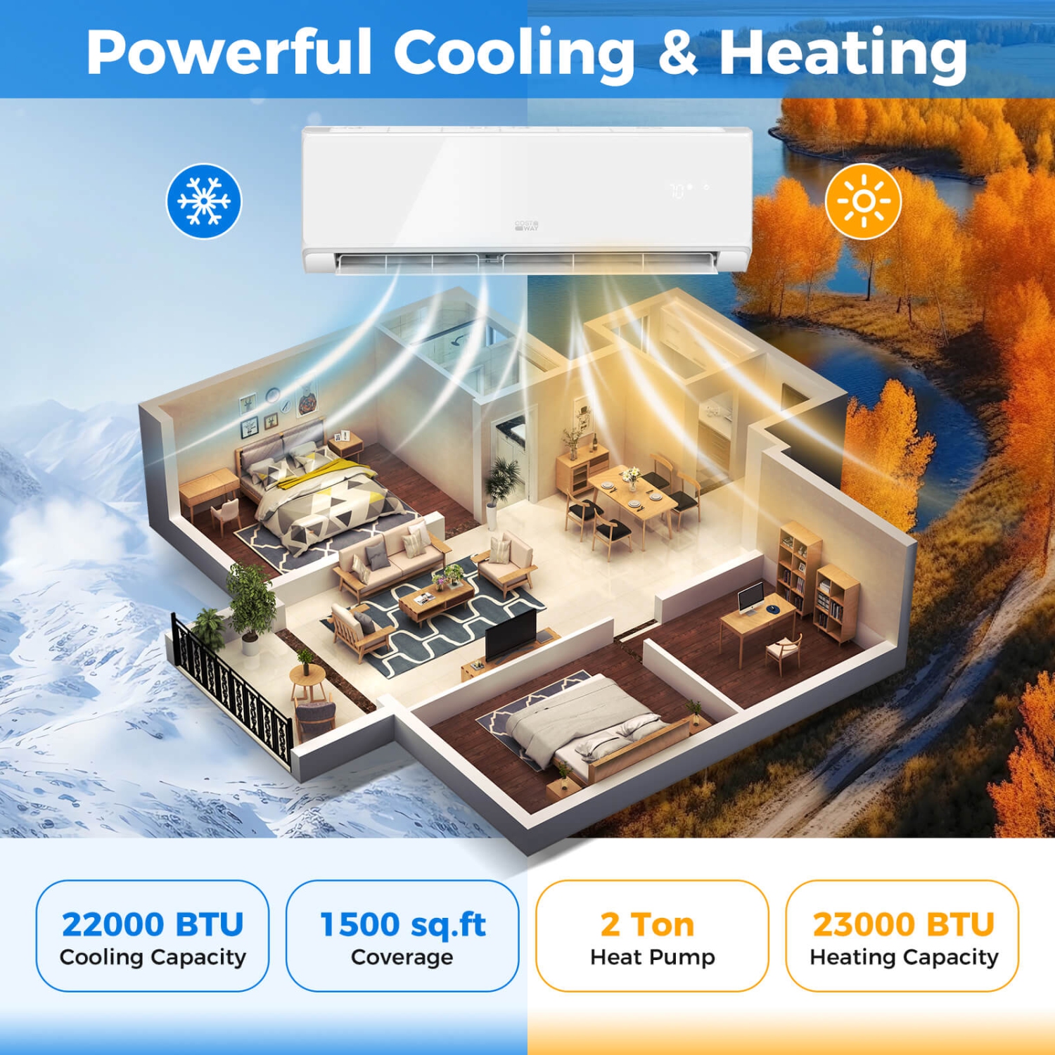 Costway 22000 BTU Wifi Enabled Mini Split Air Conditioner & Heater with Heat Pump