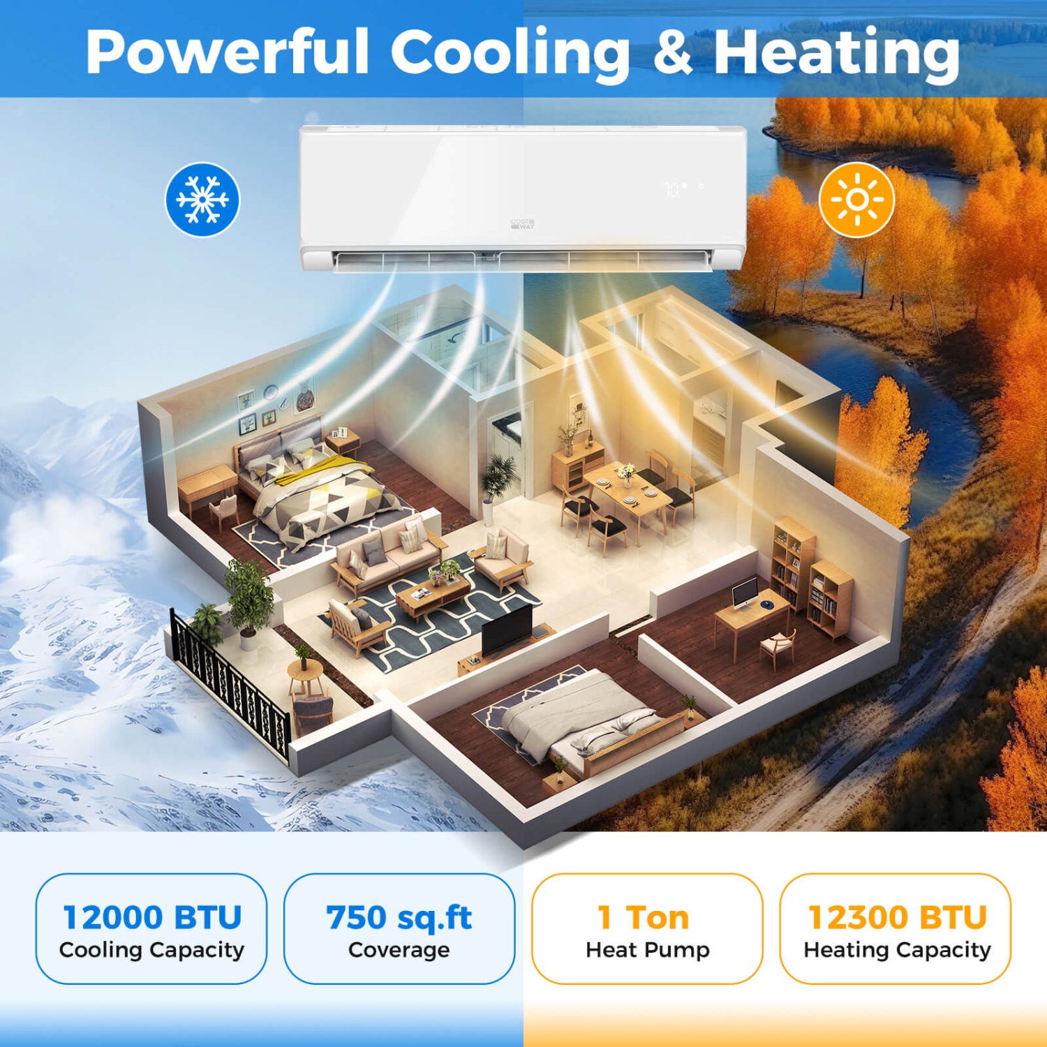 Costway 12000 BTU Wifi Enabled Mini Split Air Conditioner & Heater with Heat Pump