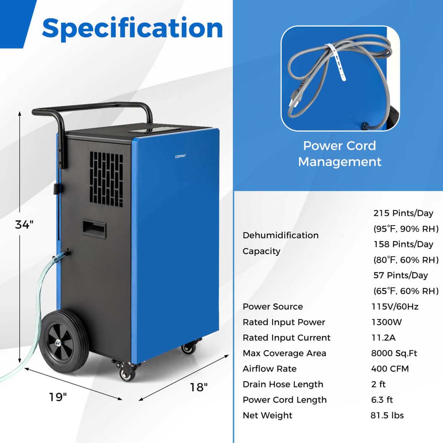 Costway 215 Pints Commercial Dehumidifier with Drain Hose 24H Timer Portable Handle