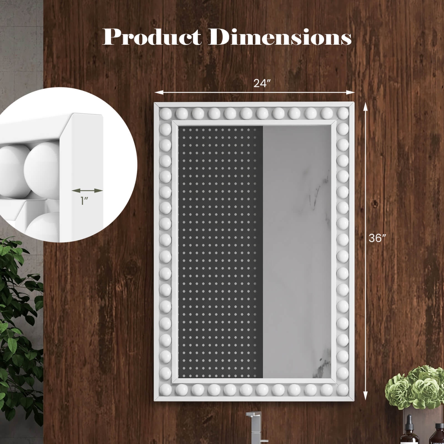 Costway 24" x 36" Rustic Decorative Wall Mirror with Solid Wood Frame Beads for Living Room