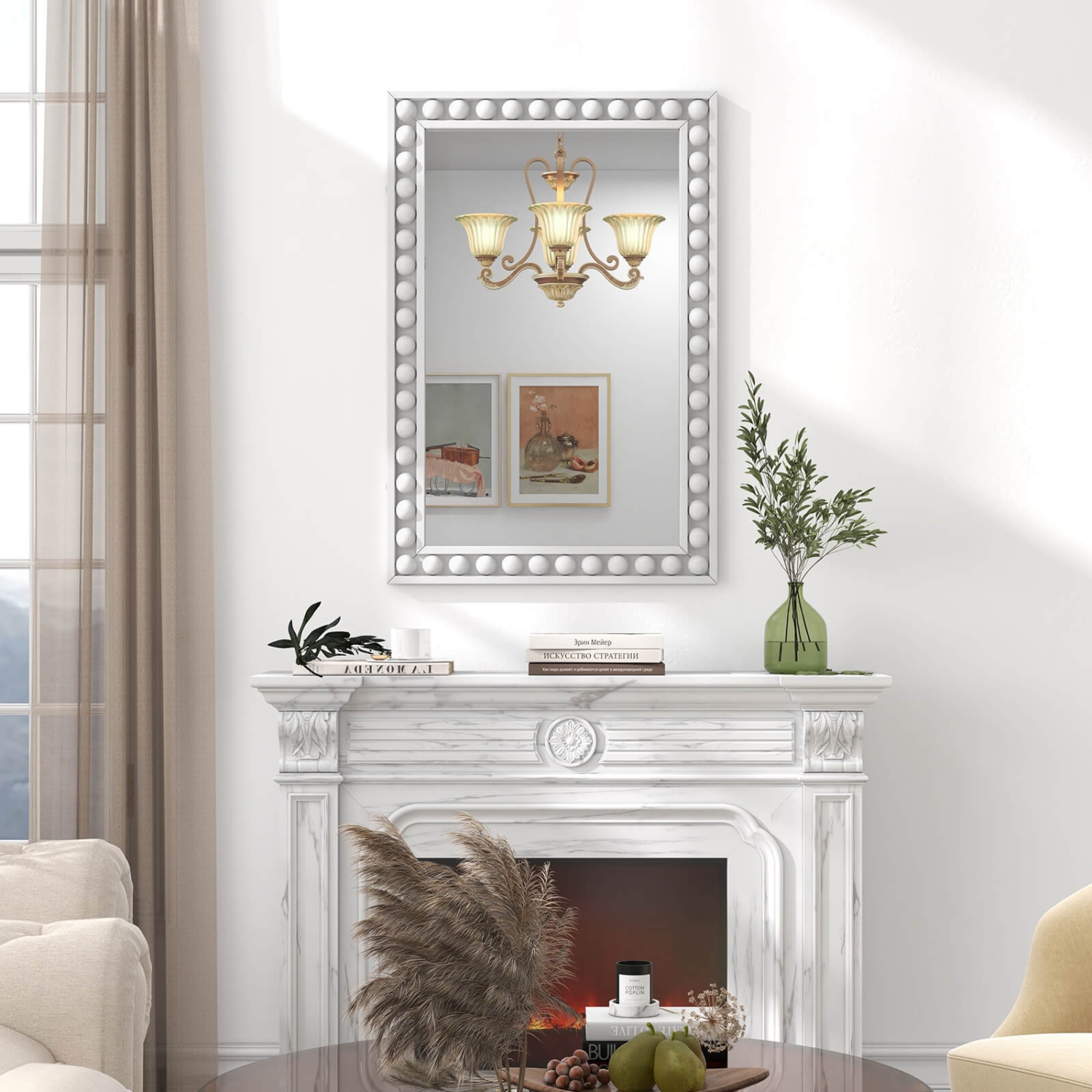 Costway 24" x 36" Rustic Decorative Wall Mirror with Solid Wood Frame Beads for Living Room
