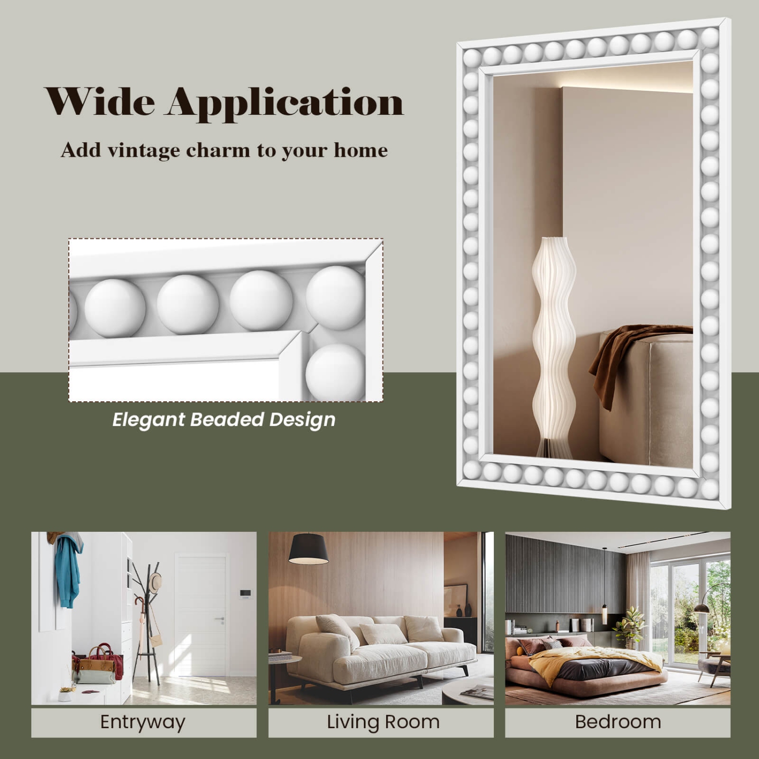 Costway 24" x 36" Rustic Decorative Wall Mirror with Solid Wood Frame Beads for Living Room