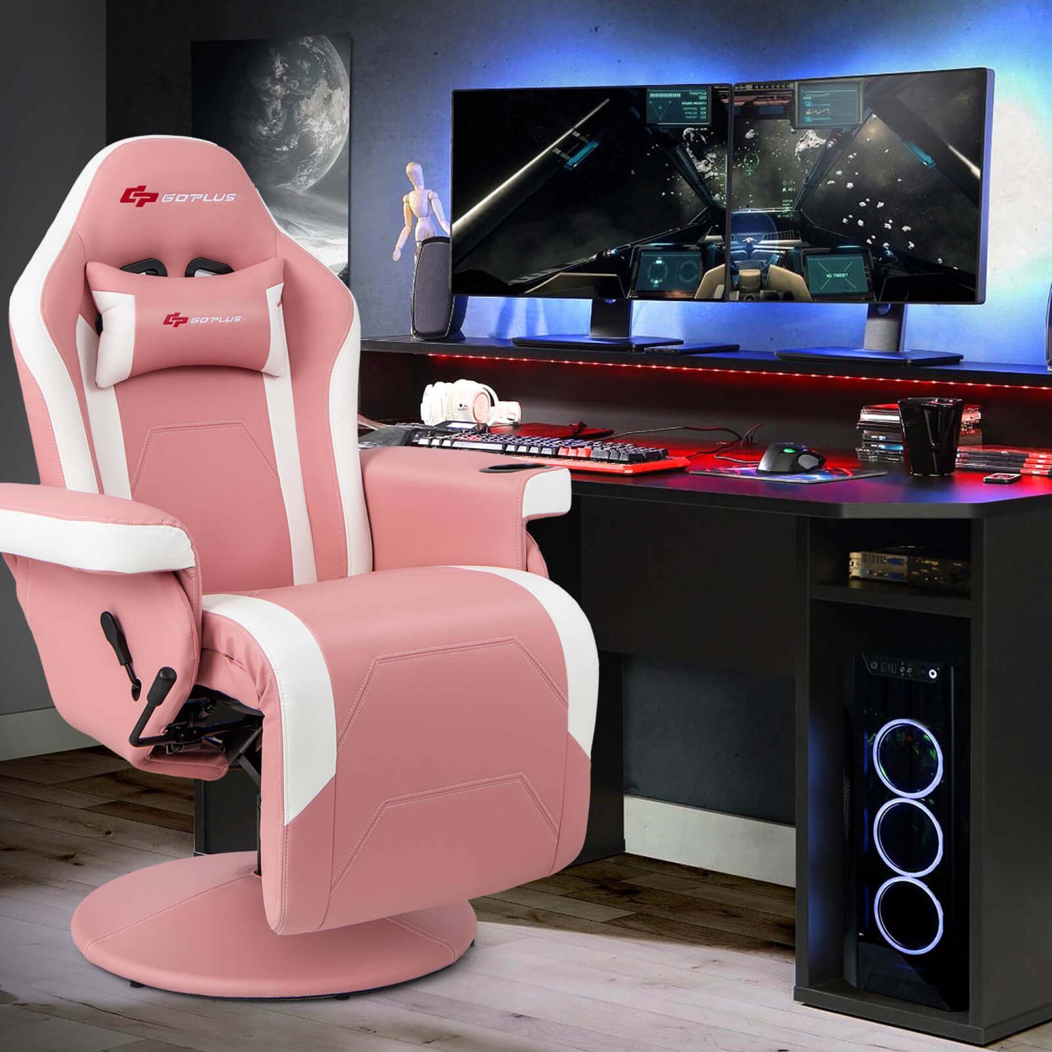 Fauteuil de course pivotant à hauteur réglable avec porte-gobelet et fauteuil de jeu inclinable de Goplus massage