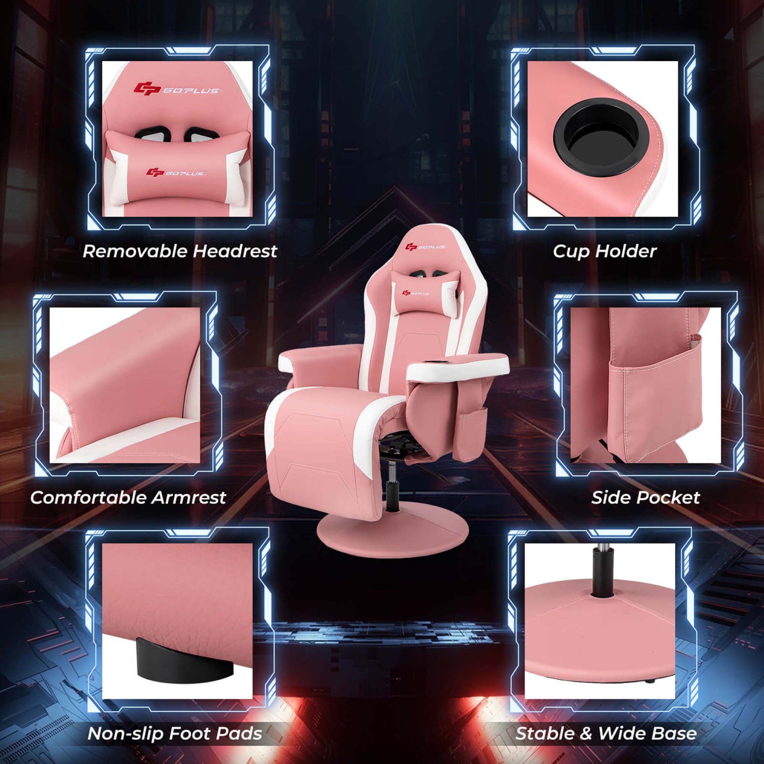 Fauteuil de course pivotant à hauteur réglable avec porte-gobelet et fauteuil de jeu inclinable de Goplus massage