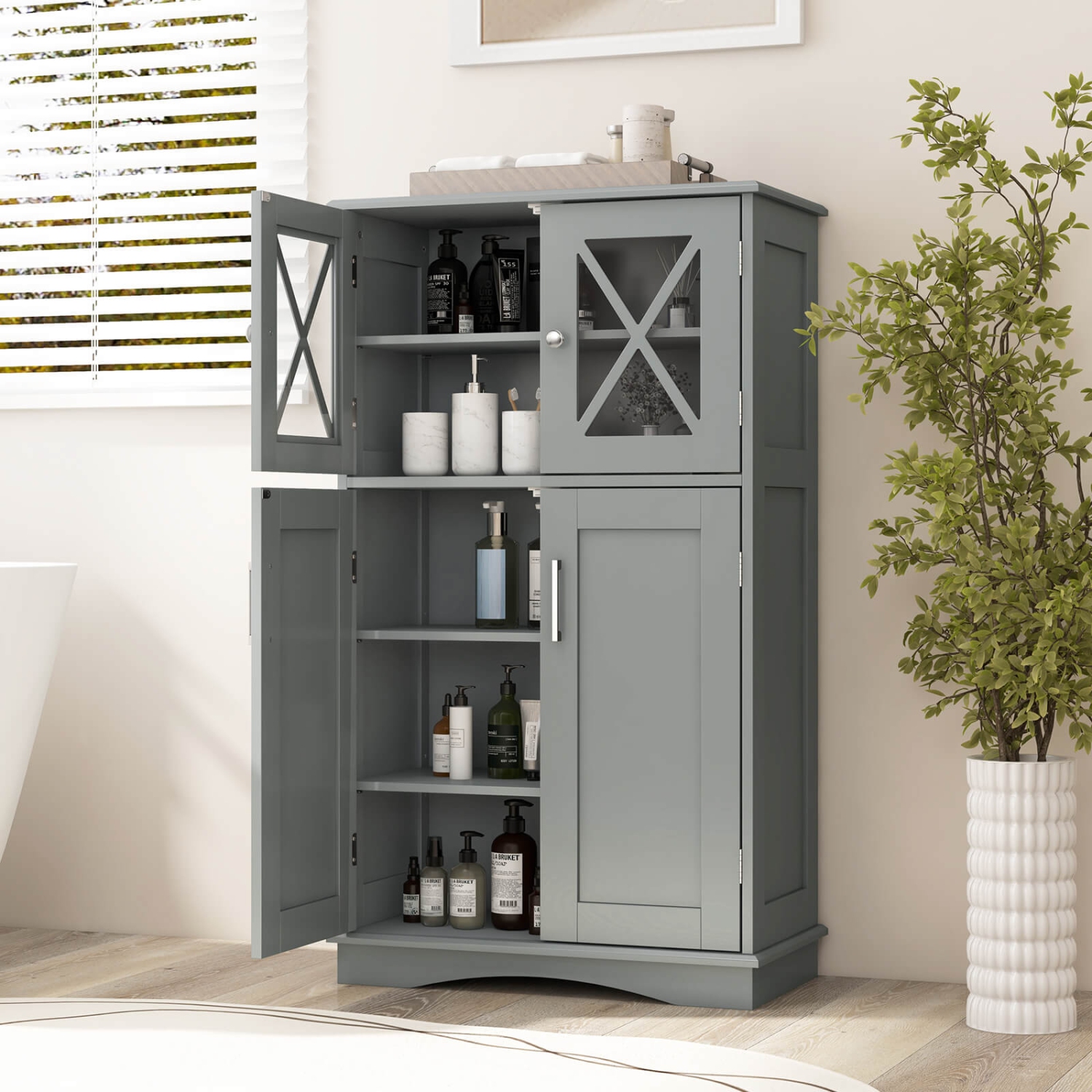Costway Bathroom Storage Cabinet Linen Storage Cabinet with Doors and Adjustable Shelves