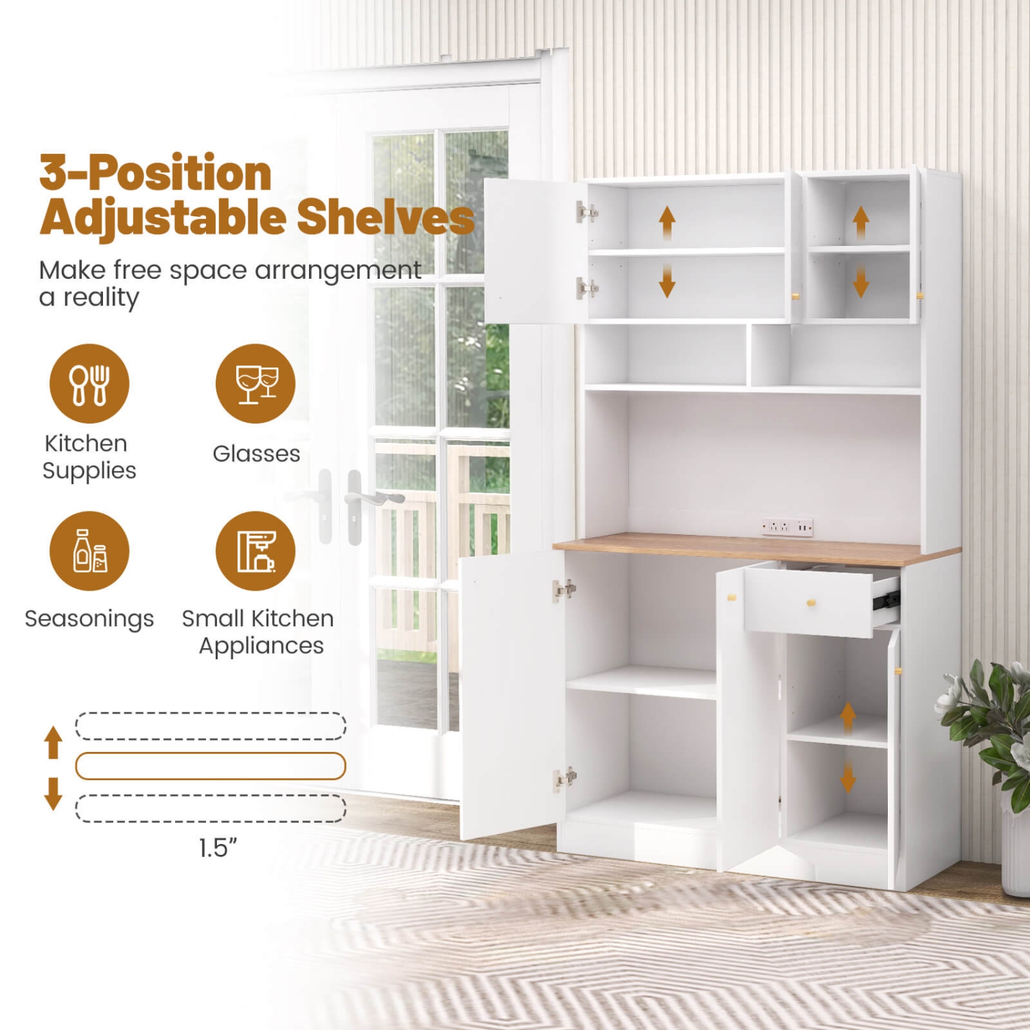 Costway 71" Tall Pantry Cabinet with Outlets USB Ports Anti-Tipping Kits Adjustable Shelves