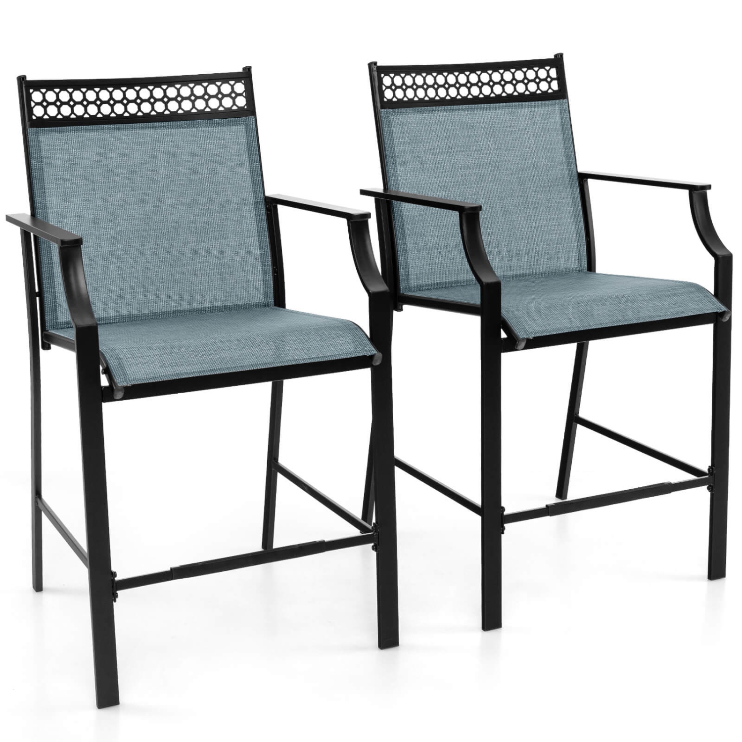 Costway Outdoor Counter Stools Set of 2 with Footrest & Armrests Metal Frame for Backyard Blue/Coffee/Red
