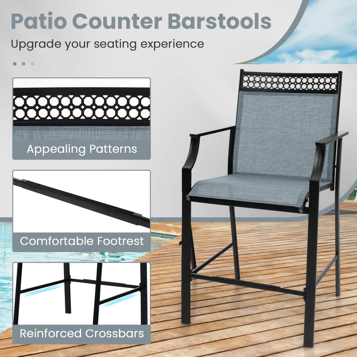 Costway Outdoor Counter Stools Set of 2 with Footrest & Armrests Metal Frame for Backyard Blue/Coffee/Red