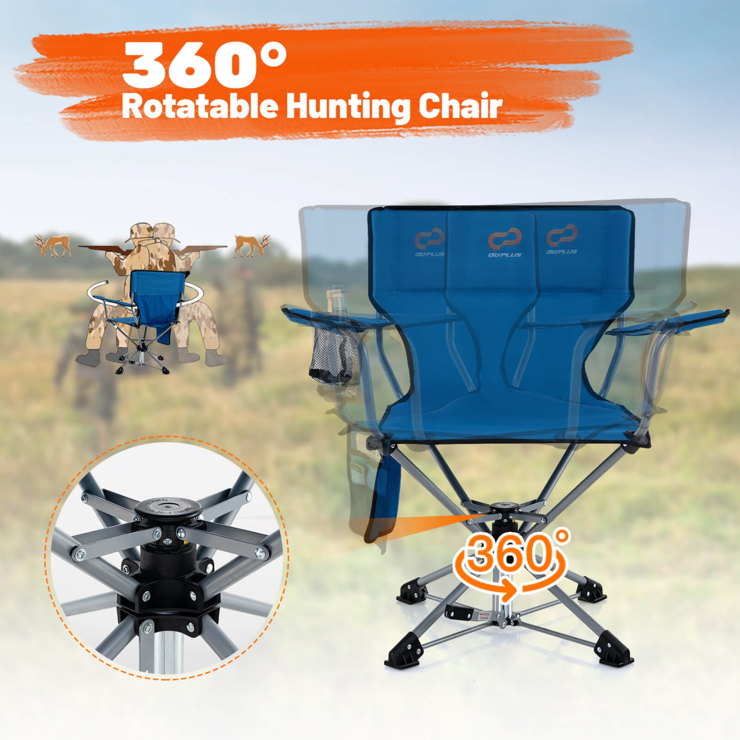 Goplus 360° Swivel Hunting Chair with Mesh Cup Holder & Storage Pockets Cozy Backrest
