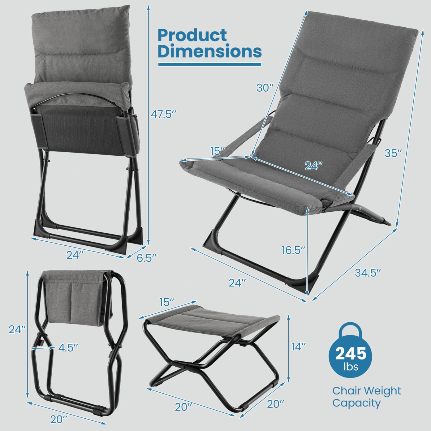 Costway Patio Folding Sling Chair with Ottoman Footrest & Removable Cushion Ottoman Set