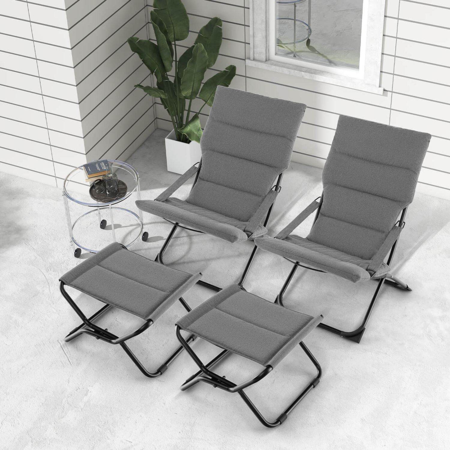 Costway Patio Folding Sling Chair with Ottoman Footrest & Removable Cushion Ottoman Set
