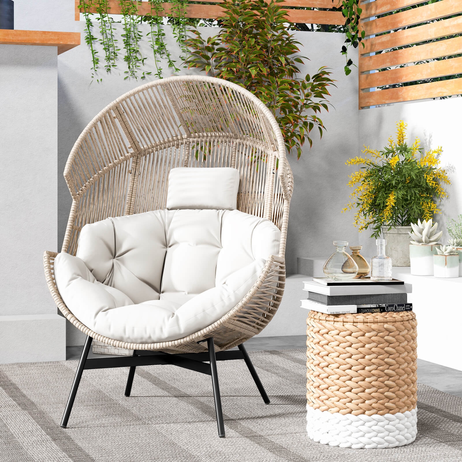 Costway Oversized Egg Style Chair with Cushions & Headrest Heavy-Duty Metal Frame for Yard