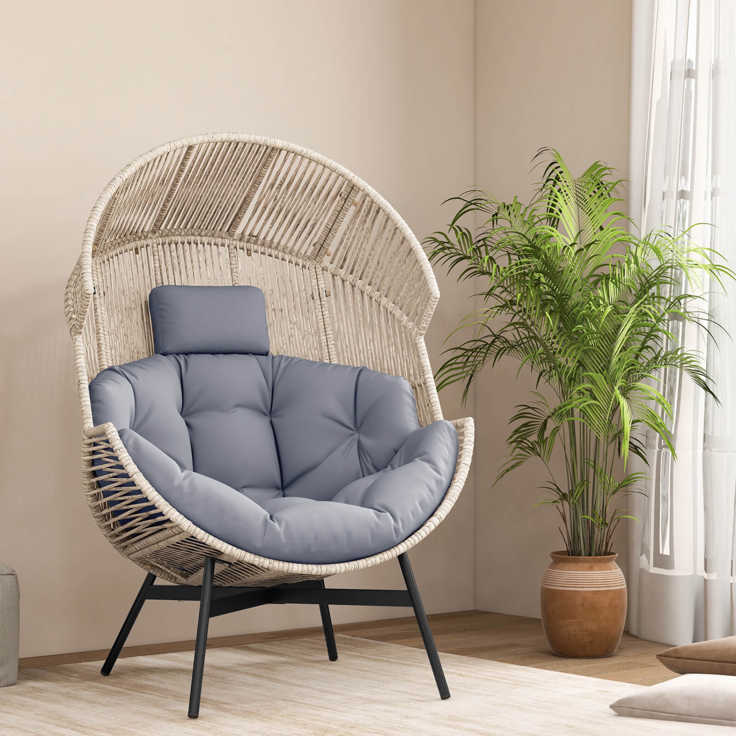 Costway Oversized Egg Style Chair with Cushions & Headrest Heavy-Duty Metal Frame for Yard