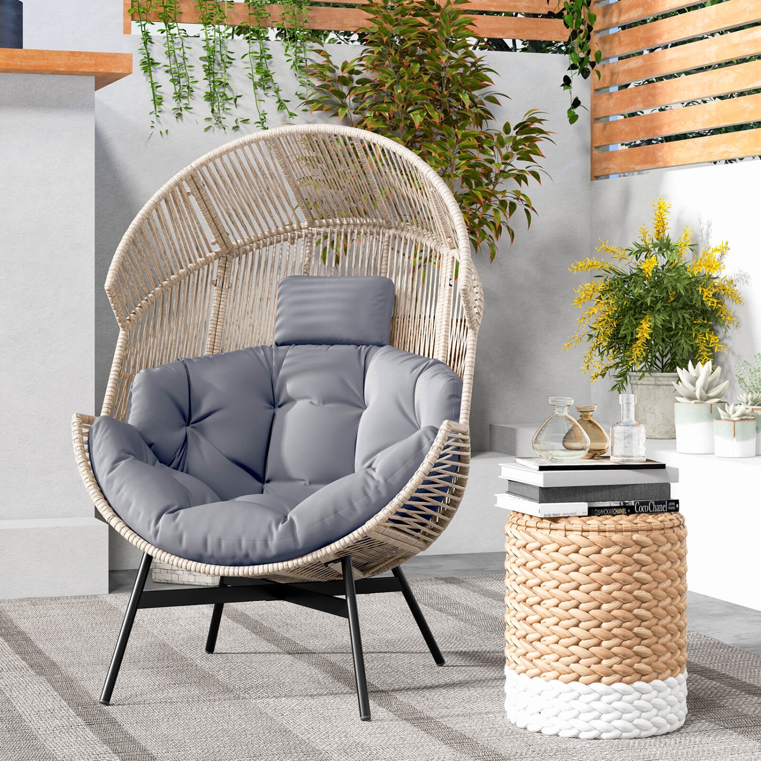Costway Oversized Egg Style Chair with Cushions & Headrest Heavy-Duty Metal Frame for Yard