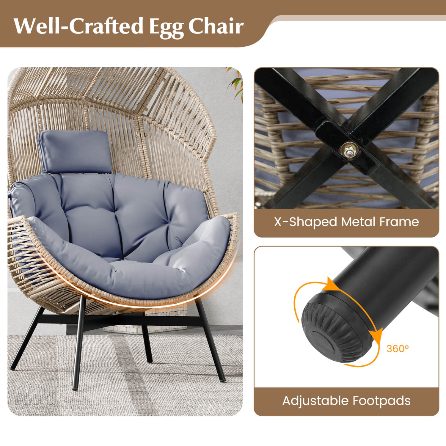 Costway Oversized Egg Style Chair with Cushions & Headrest Heavy-Duty Metal Frame for Yard