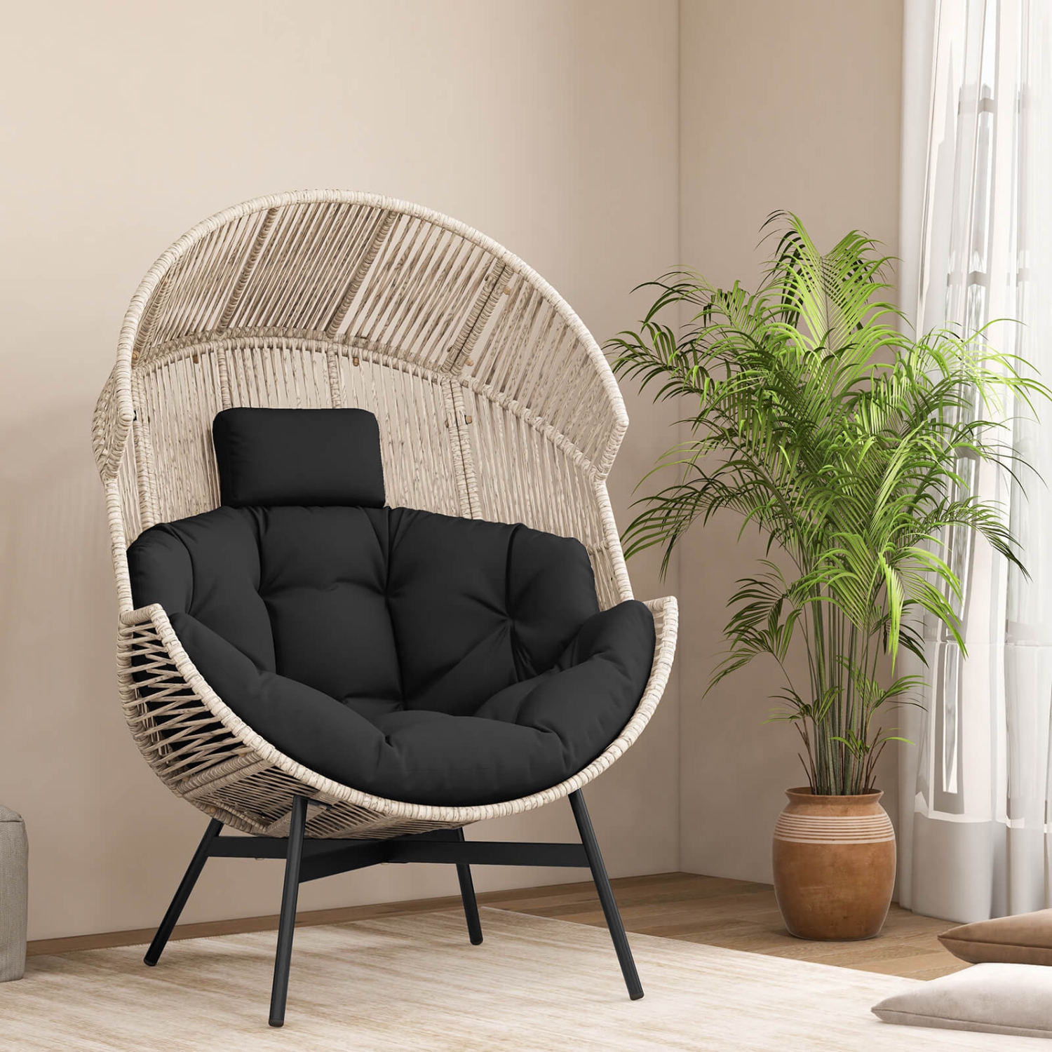 Chaise surdimensionnée de style oeuf de Costway avec coussins et appuie-tête cadre en métal robuste pour la cour
