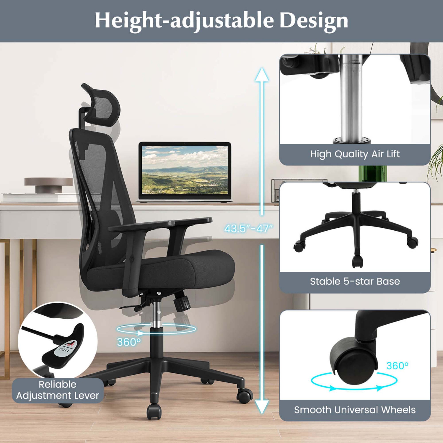 Fauteuil de bureau ergonomique avec soutien lombaire réglable et appuie-tête inclinable de Costway