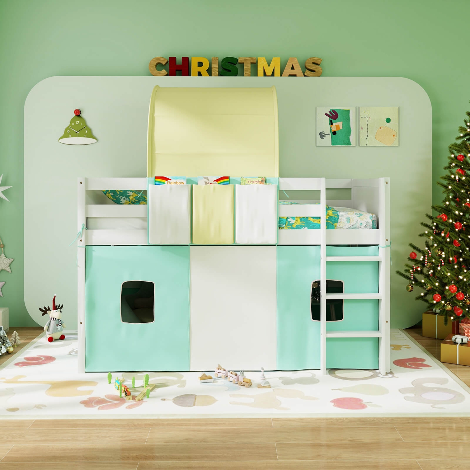 Lit mezzanine simple Costway avec tour et tente 3 pochettes de rangement barrière de sécurité et échelle