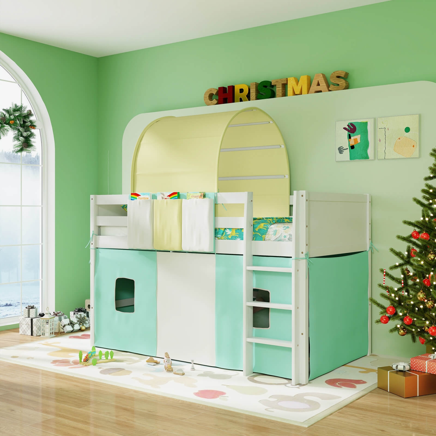 Lit mezzanine simple Costway avec tour et tente 3 pochettes de rangement barrière de sécurité et échelle