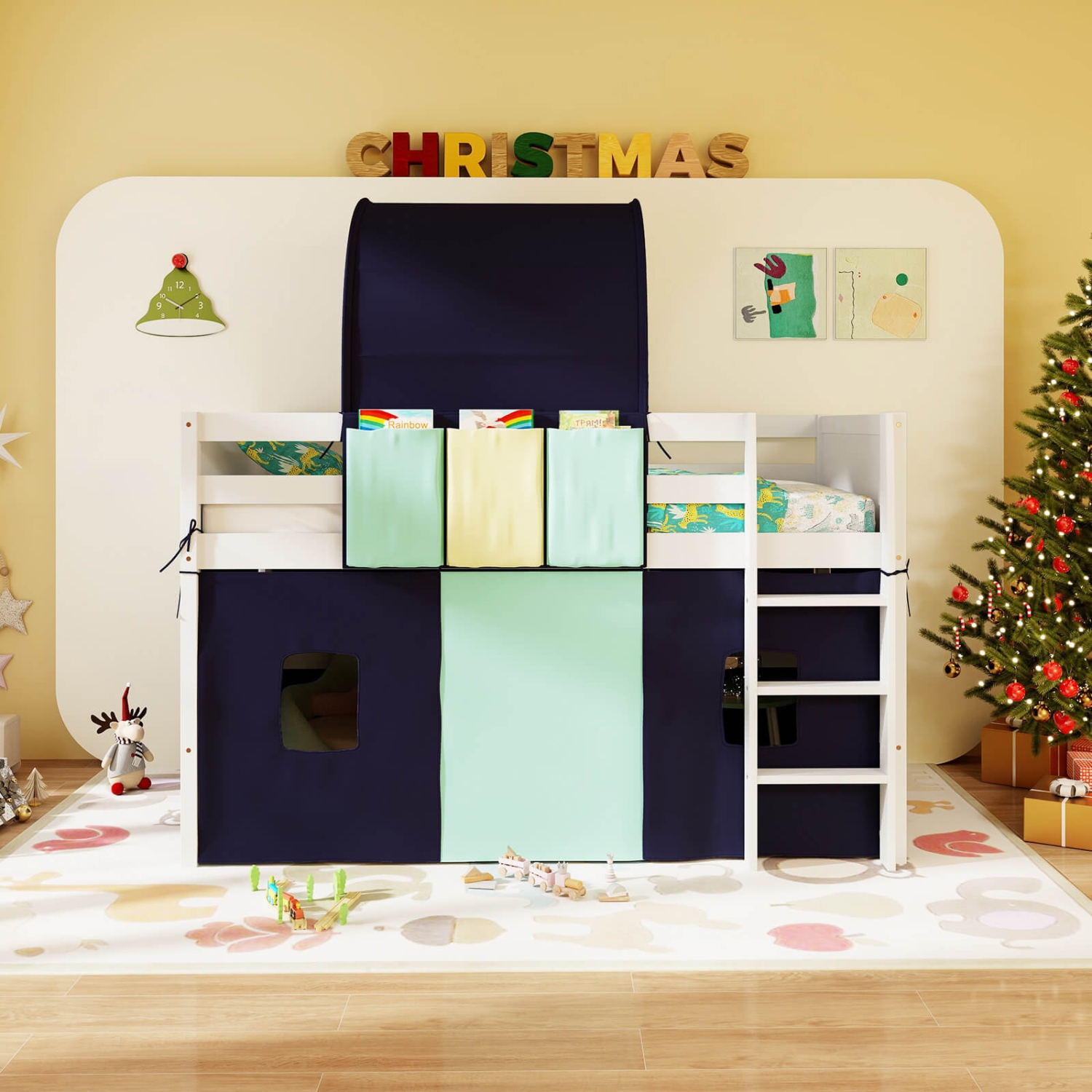 Costway Twin Loft Bed with Tower & Tent 3 Storage Pockets Safety Guardrail and Ladder