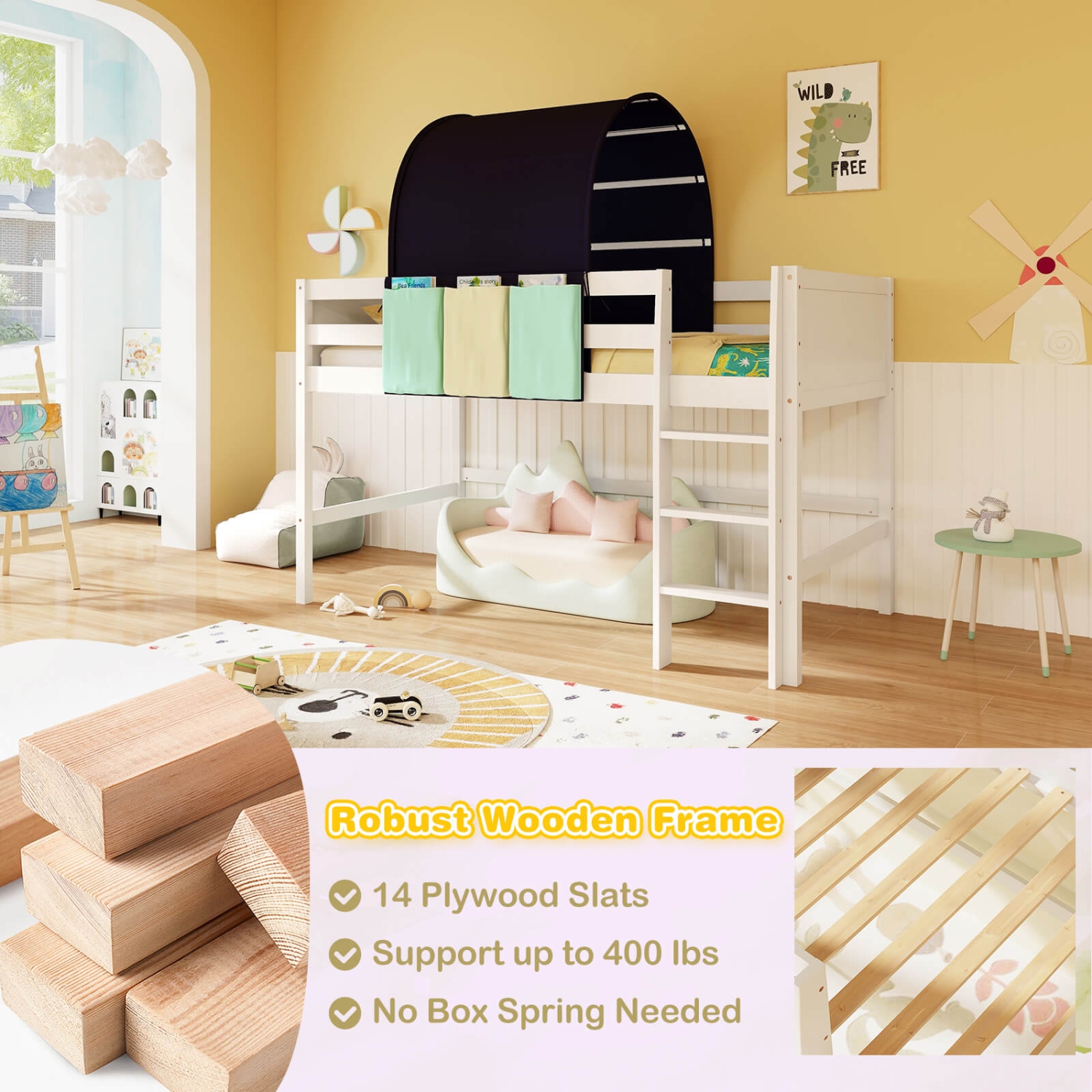 Costway Twin Loft Bed with Tower & Tent 3 Storage Pockets Safety Guardrail and Ladder