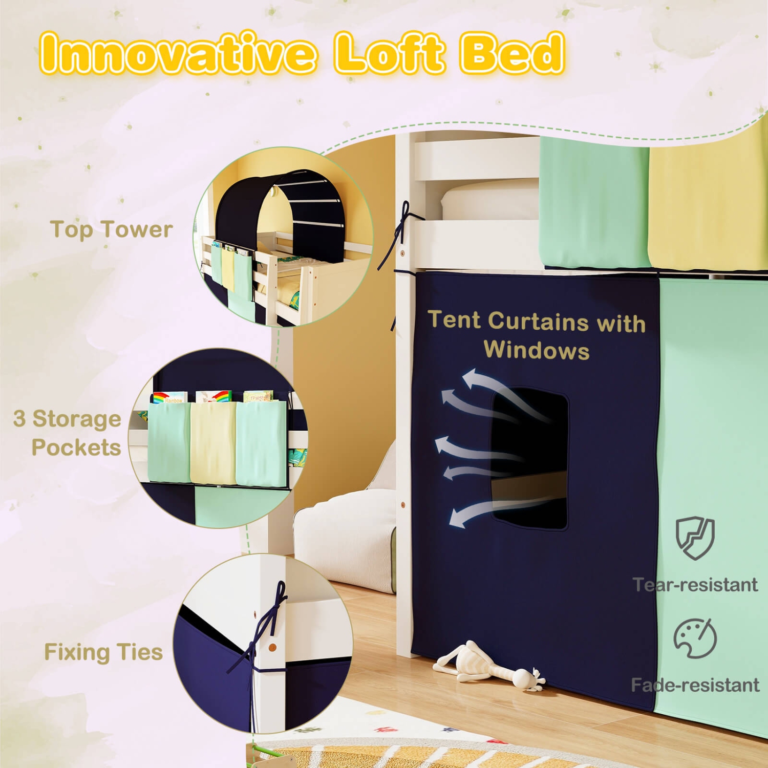 Costway Twin Loft Bed with Tower & Tent 3 Storage Pockets Safety Guardrail and Ladder