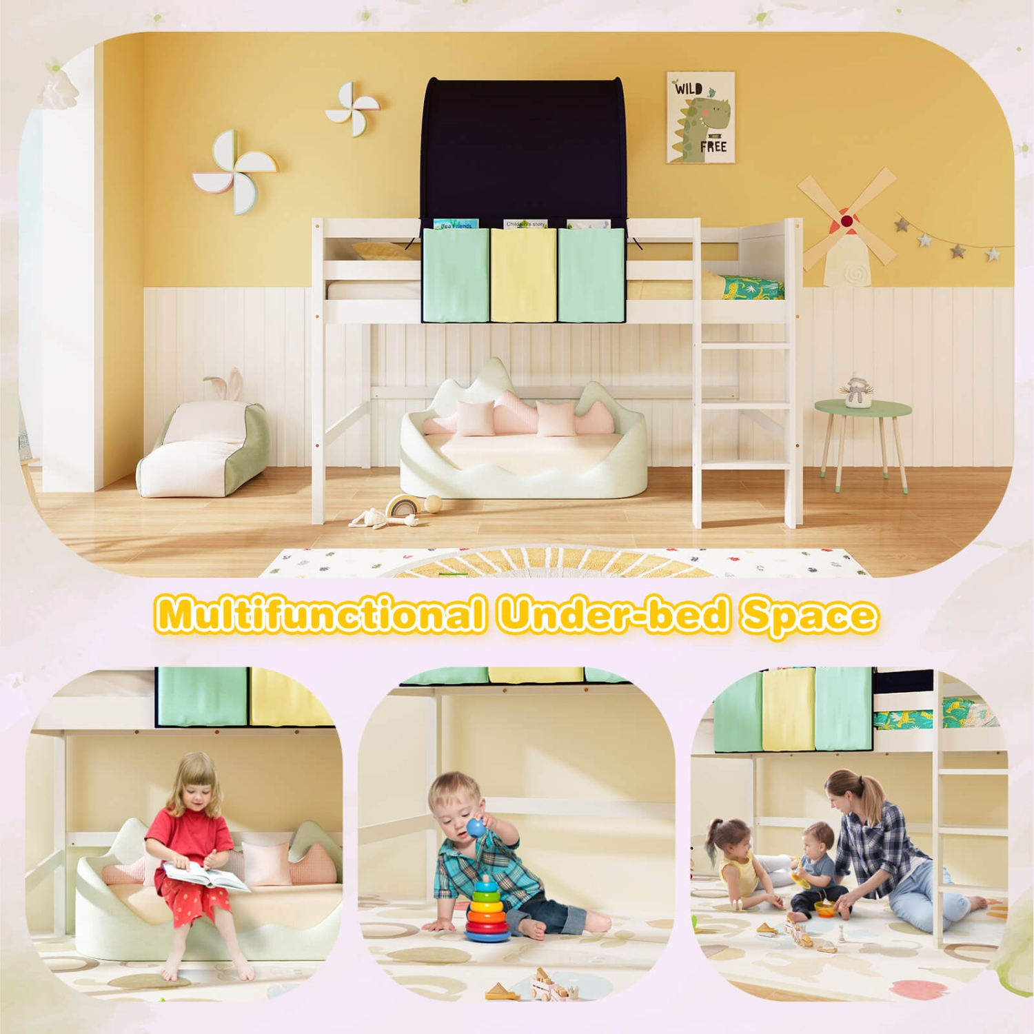 Costway Twin Loft Bed with Tower & Tent 3 Storage Pockets Safety Guardrail and Ladder